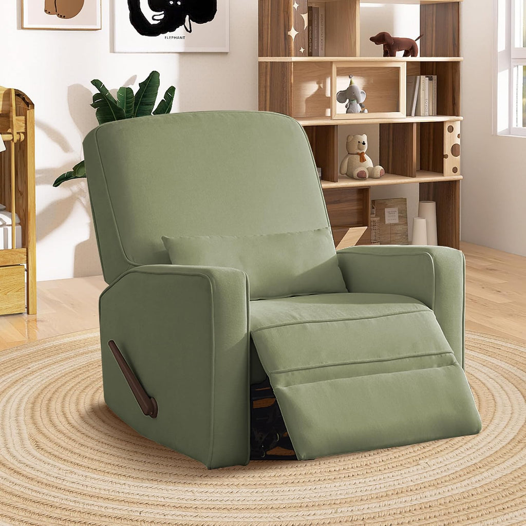 Tbfit Nursery Rocking Chair,360°Swivel Recliner Chair with Lumbar Support for Bedroom, Comfy Upholstered Armchair with Pillows & Footrest for Living Room & Baby Room