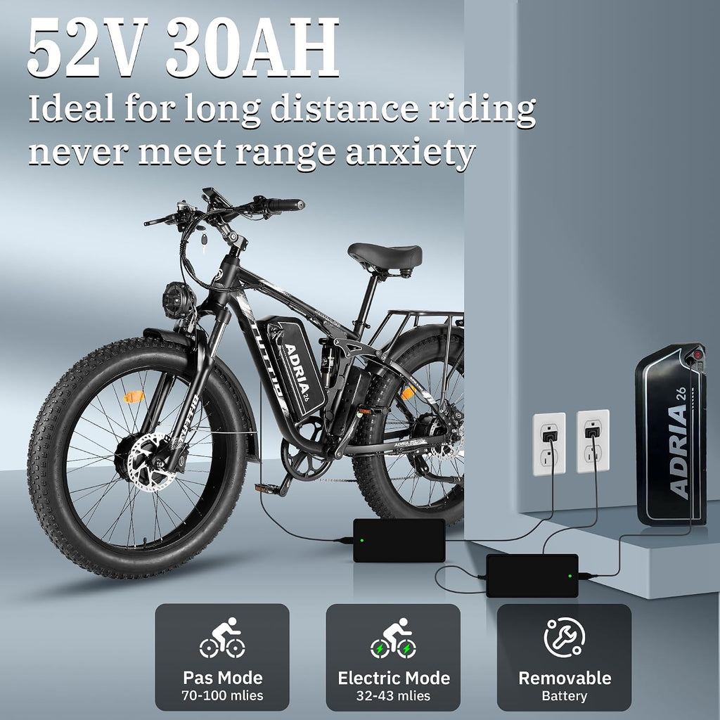 TUTTIO Adria26 5000W/6000W Dual Motor Ebike, 40-46MPH Electric Bike for Adults, 26' x 4' Fat Tire Electric Mountain Bike, 52V 25AH E-Bike Full Suspension Electric Dirt Bike for Off-Road Hunting