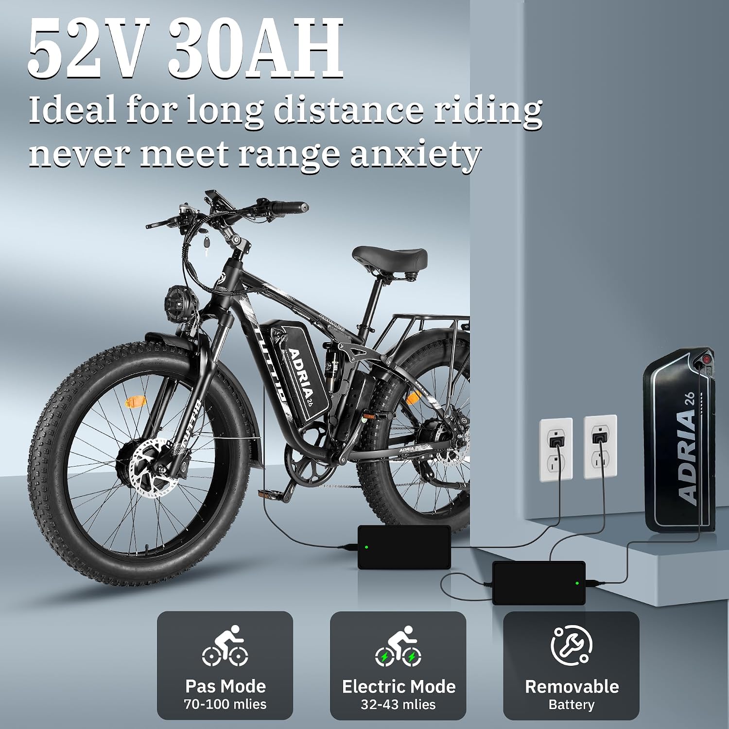 TUTTIO Adria26 5000W/6000W Dual Motor Ebike, 40-46MPH Electric Bike for Adults, 26' x 4' Fat Tire Electric Mountain Bike, 52V 25AH E-Bike Full Suspension Electric Dirt Bike for Off-Road Hunting