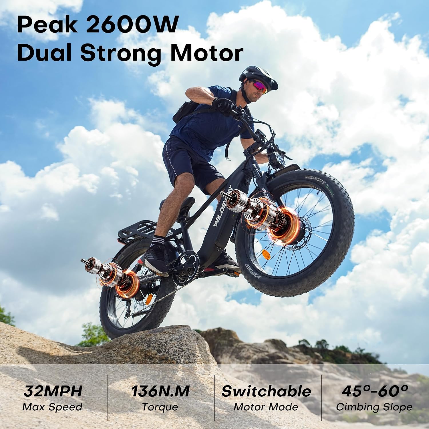 Wildeway 2600W Dual Motor Electric Bike for Adults 48V 30AH Removable Battery 32MPH 26' Terrain Fat Tire 80 Miles Long Rang Mountain Bike Full Suspension with Hydraulic Disc Brake Bicycle