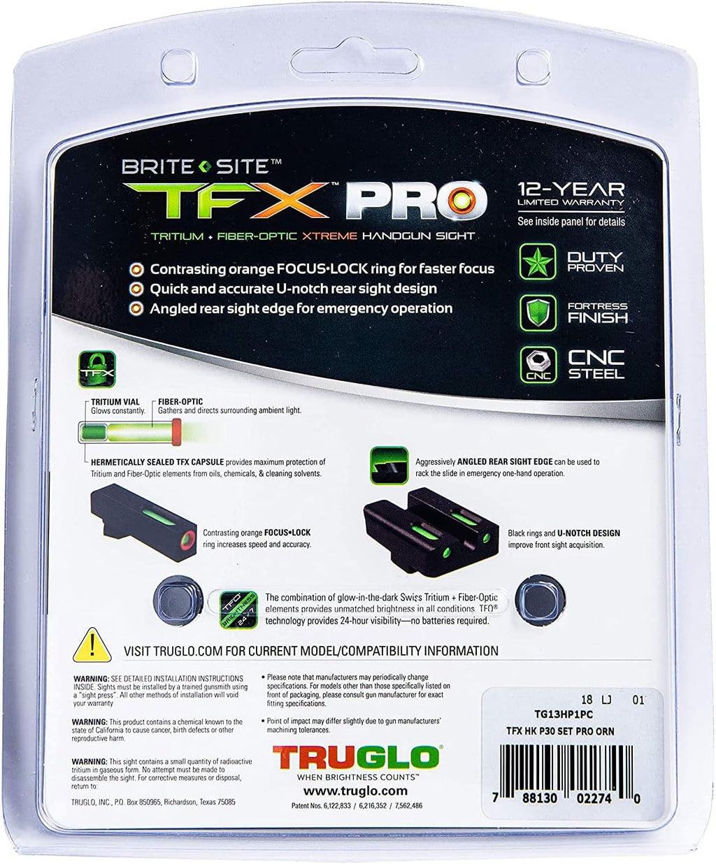 Truglo TFX PRO Handgun Sight, Glowing Shock Proof Tritium and Fiber Optic Night Sight for Handguns, Compact, Durable, and Snag Free Sight