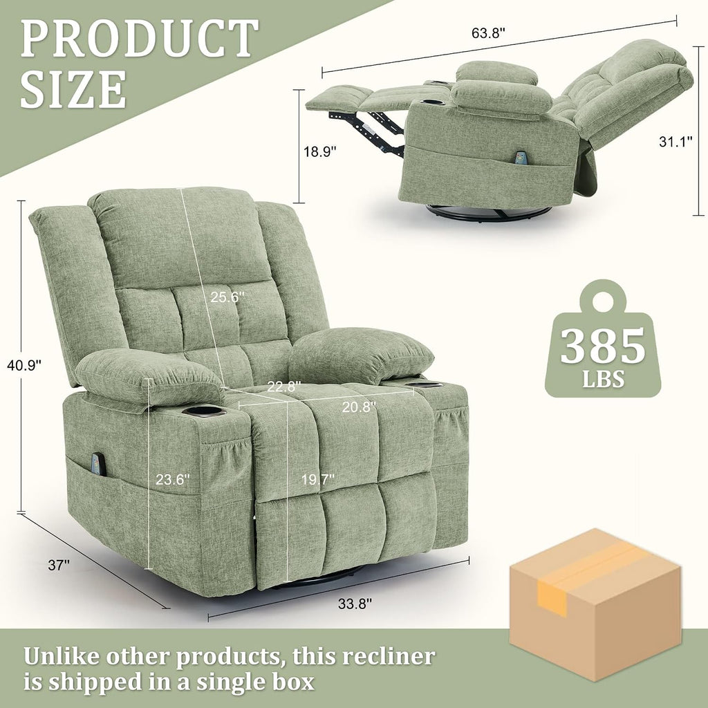 Korser Adult 360° Rotating Recliner with Massage and Heating Functions, Cup Holder and Manual Tilt Mechanism, Suitable for Living Room and Bedroom (Fabric, Turquoise)