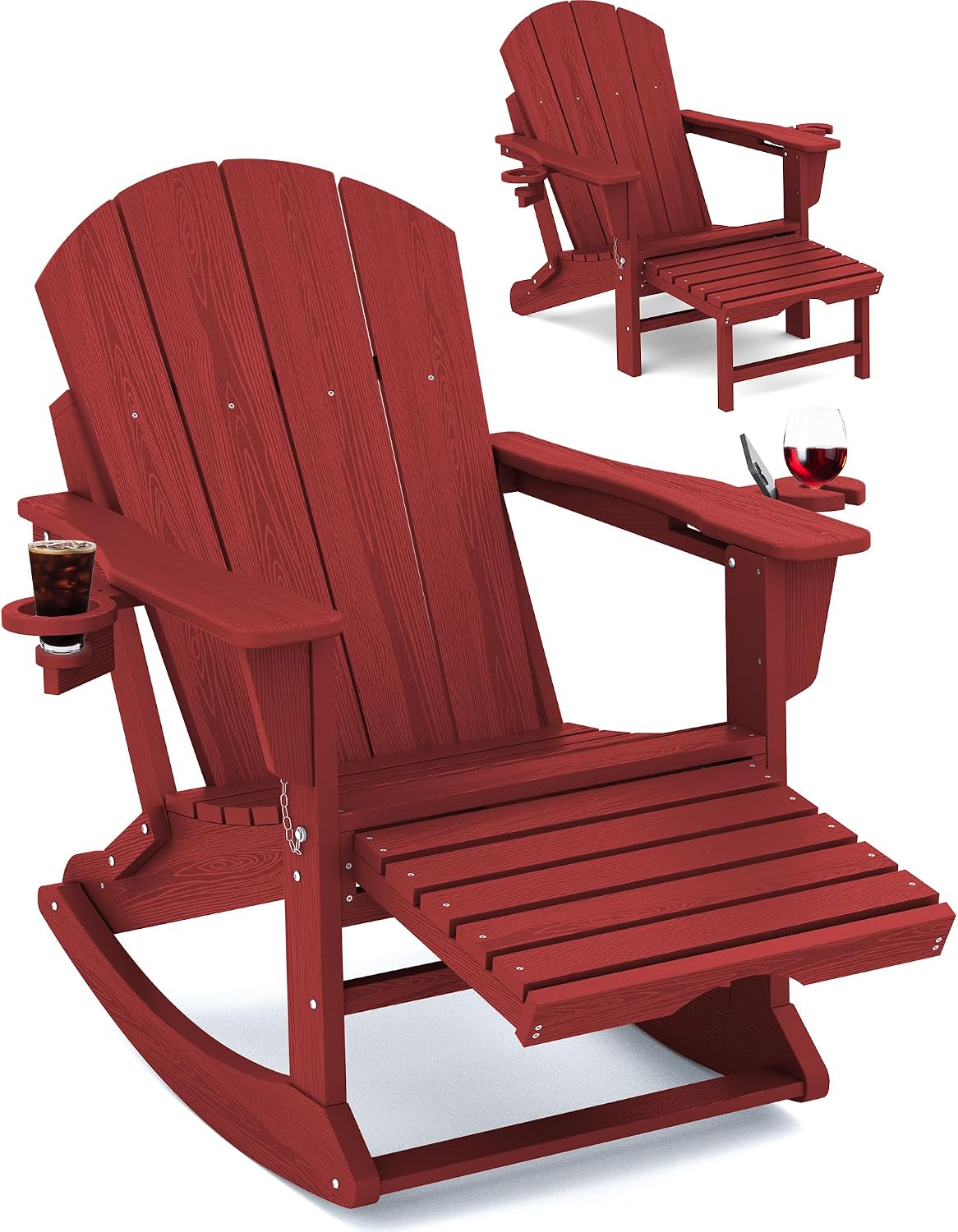 KINGYES Adirondack Rocking Chair Set of 2 with Retractable Ottoman and Cup Holders, HDPE Adirondack Rocker Patio Rocking Chair for Porch, Patio, Balcony, Burgundy Red