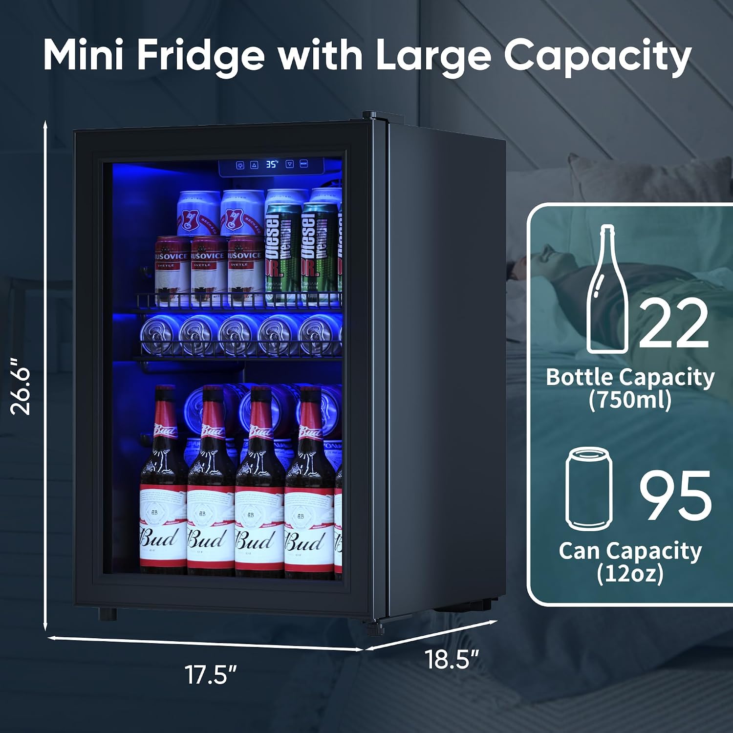 Tehanld 2.5 Cu.Ft Wine Fridge, Beverage Fridge With Glass Door, Wine Cooler Refrigerator, Beverage Drink Beer Cooler, Adjustable Shelves & Digital Temperature Display, 22 Bottle 95 Can