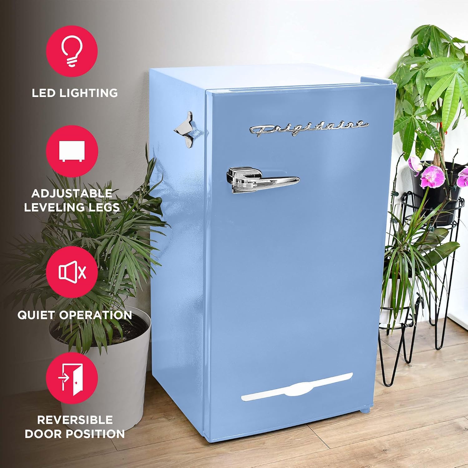 Frigidaire Retro Compact Fridge with Chiller, 3.2 cu ft Countertop Fridge with Built-In Bottle Opener, Compact Refrigerator for Office, Bedroom, Dorm Room or Cabin - 16.5' D x 19' W x 31' H (Blue)