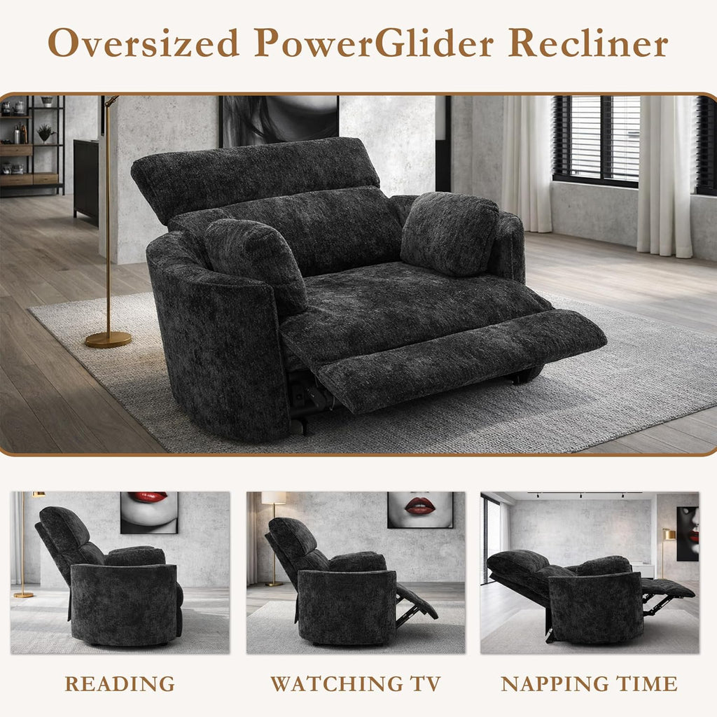 450lbs Oversized Power Recliner Chair for Big and Tall Adults, 52' Extra Wide Electric Recliner with USB & Type-C Ports, Chenille Fabric Single Sofa Chair for Living Room & Bedroom, Black