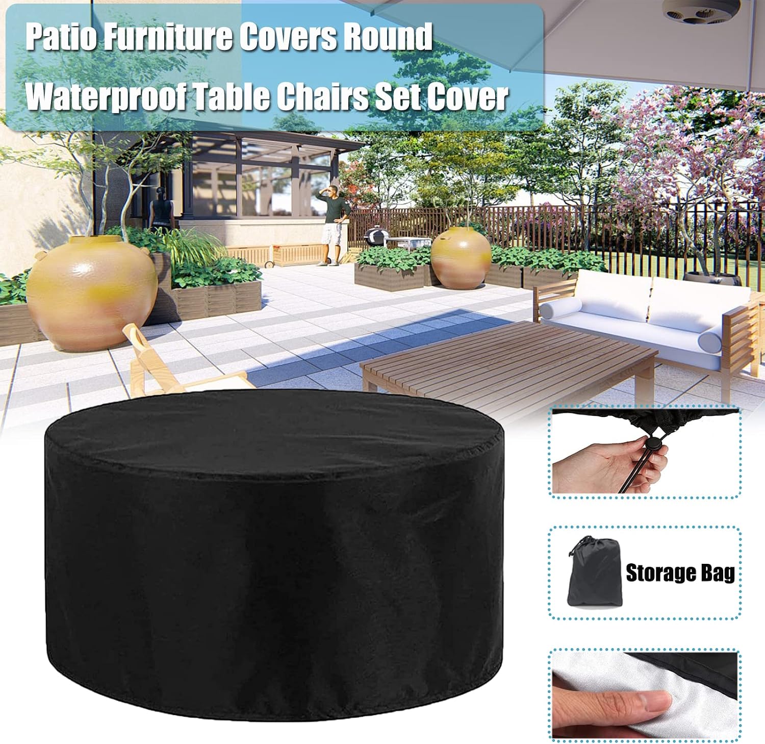 Dining Table Chair Set Cover 122' D x 37' H, 420D Waterproof Garden Table Set Cover, Extra Large Outdoor Furniture Set Covers, Heavy Duty Gas BBQ Grill Cover (310x95cm)