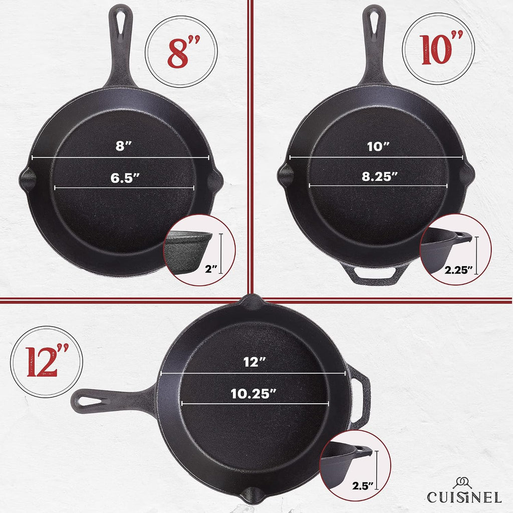 Cuisinel Cast Iron Skillets Set with Lids - 8'+10'+12'-inch Pre-Seasoned Covered Frying Pan Set + Silicone Handle and Lid Holders + Scraper/Cleaner - Indoor/Outdoor, Oven, Stovetop, Fire Safe Cookware