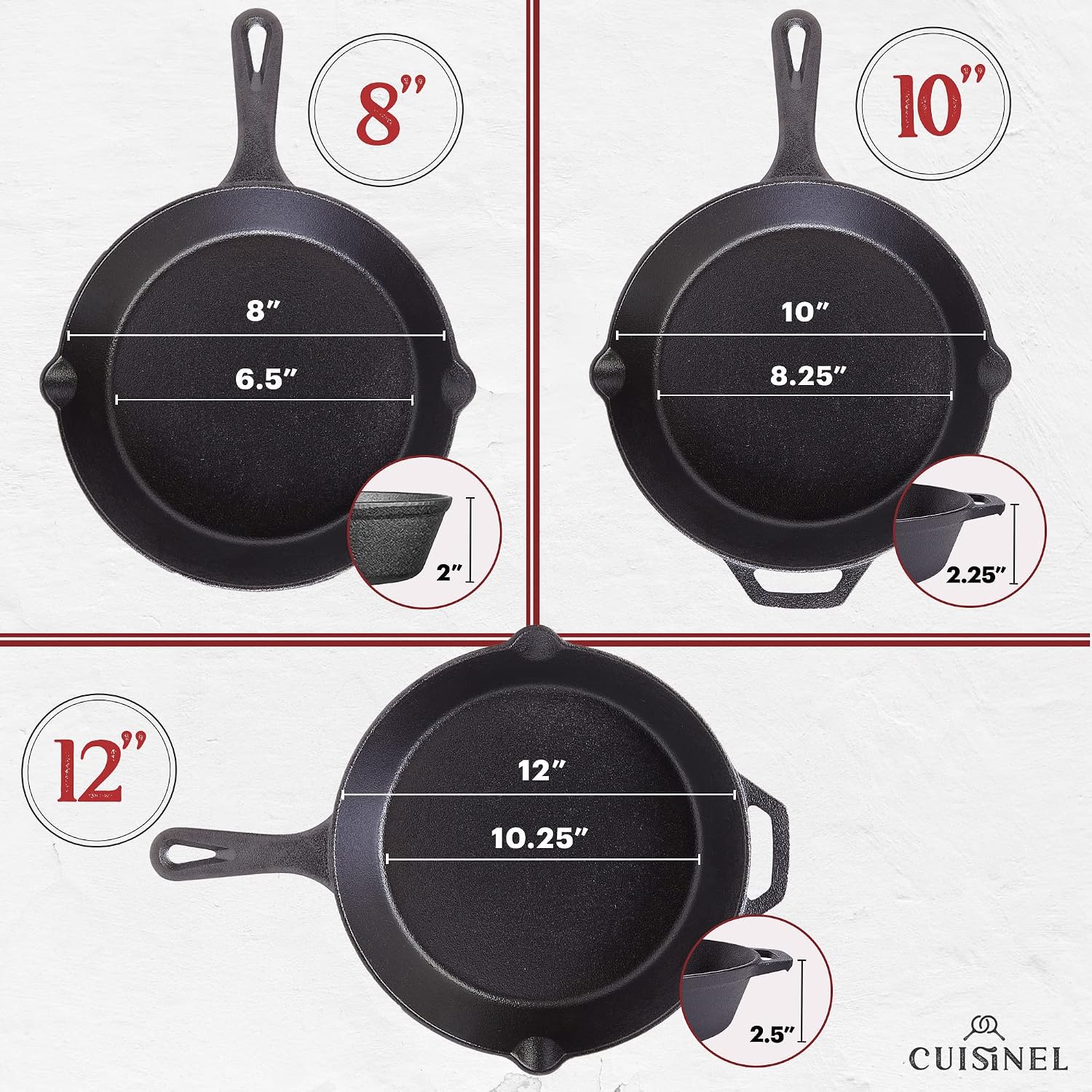 Cuisinel Cast Iron Skillets Set with Lids - 8'+10'+12'-inch Pre-Seasoned Covered Frying Pan Set + Silicone Handle and Lid Holders + Scraper/Cleaner - Indoor/Outdoor, Oven, Stovetop, Fire Safe Cookware