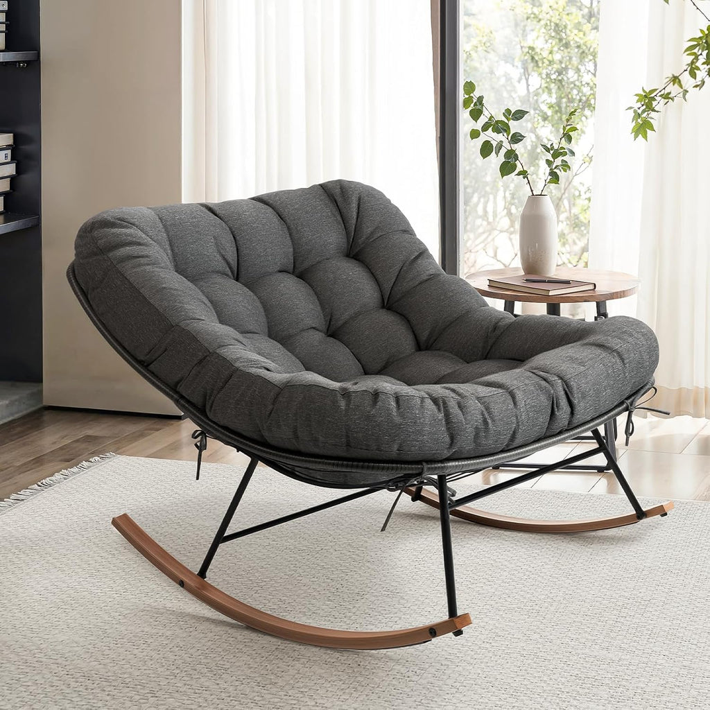 Bme Patio Rocking Chair Outdoor & Indoor, Metal Patio Lounge Rocking Chair with Thick Cushion, Comfy Modern Rocker Chair for Living Room, Porch, Backyard, Grey Cushion - Wood Texture Rocker