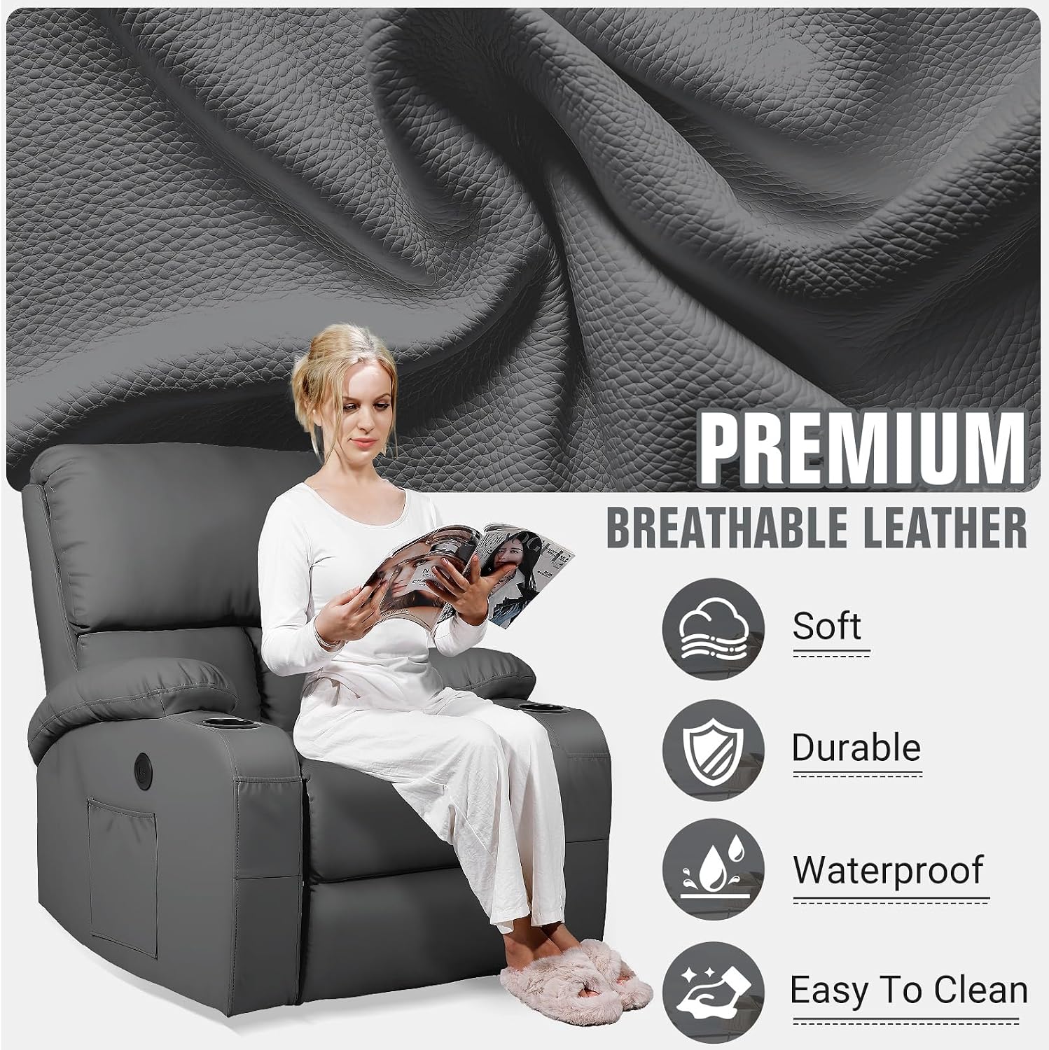 LAFWELL Rocking Recliner Chair, Massage Rocker Recliner Chair with Vibration Massage and Heat, USB and Type-C Ports,360° Swivel Faux Leather Chairs, Living Room, Bedroom, Nursery, RV, Dark Grey