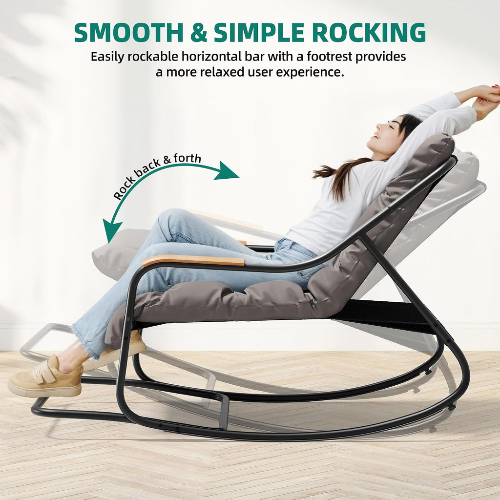 YITAHOME Patio Oversized Rocking Chair Set of 2, Versatile Indoor/Outdoor Textilene Lounge with Soft Thick Cushion, Teak Armrests and Footrest, Idea for Living Room, Porch, or Backyard