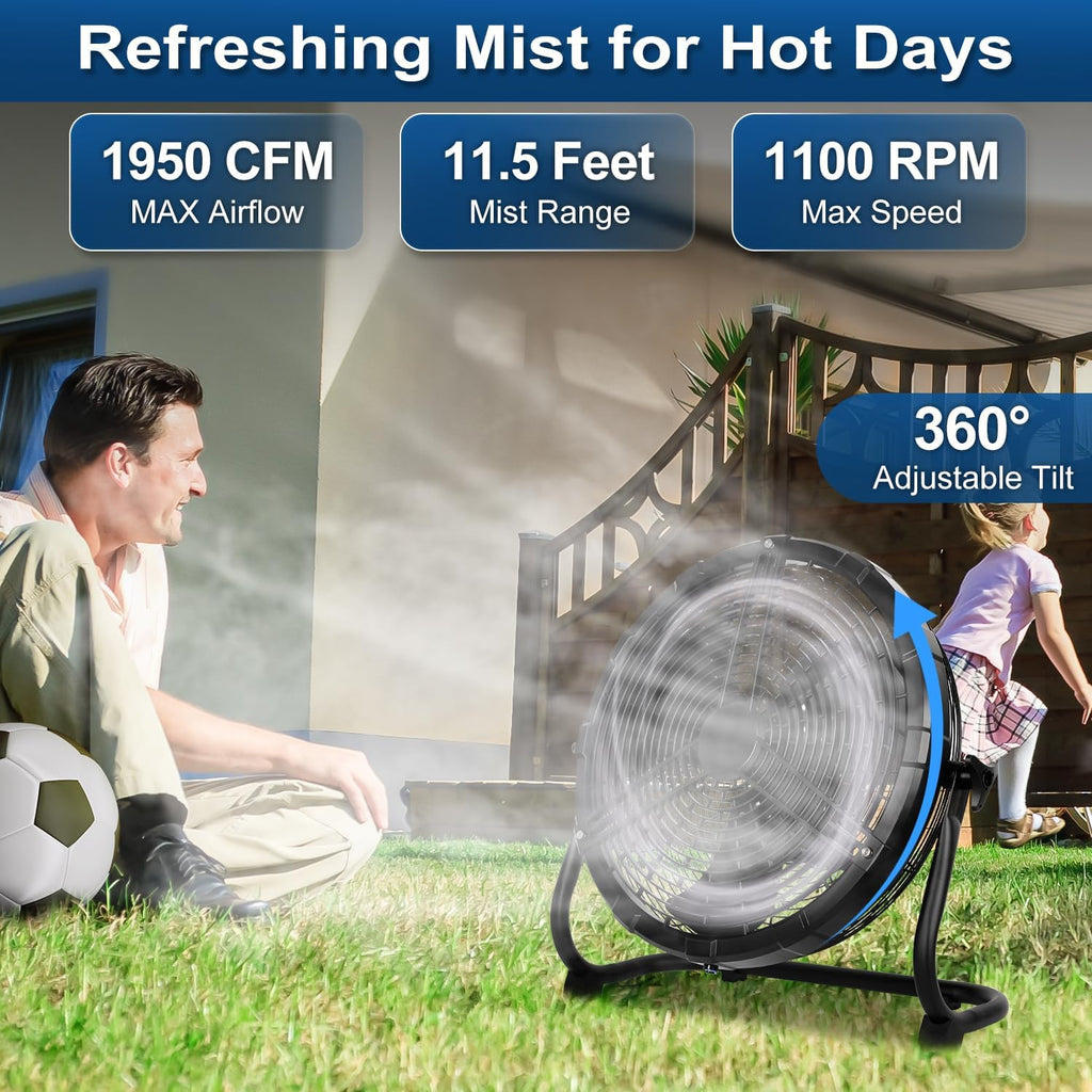 BILT HARD 16 Inch Outdoor Portable Misting Fan, Battery Operated Floor Fan with 15600mAh Detachable Battery, Outside Rechargeable Portable Fan for Patio, Camping, Travel