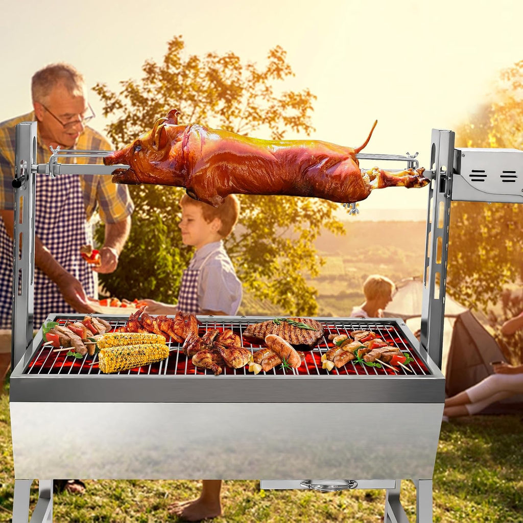 25w 37in Electric Rotisserie Grill Portable 132lbs Portable Stainless Steel Rotisserie Grill Roster With Wheels, Motor, Wind Baffle For Pig Chicken Lamb Rotisseries Roasting Machine