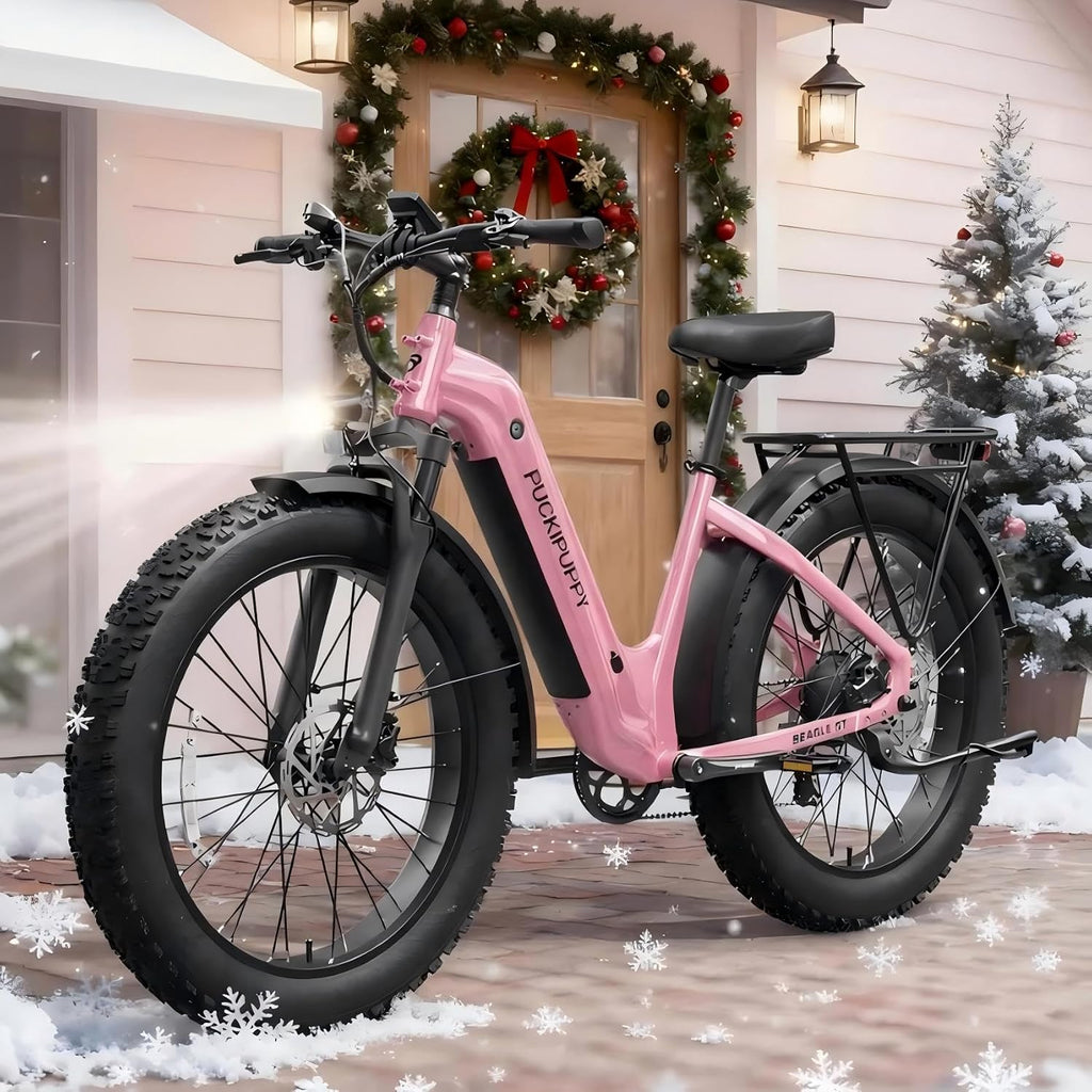 PUCKIPUPPY Electric Bike for Adults 500W, Step-Through Design, 26' Fat Tire Electric Mountain Hunting Bike, 48V 15AH Max 20MPH Off-Road Ebike with Rear Storage Shelf