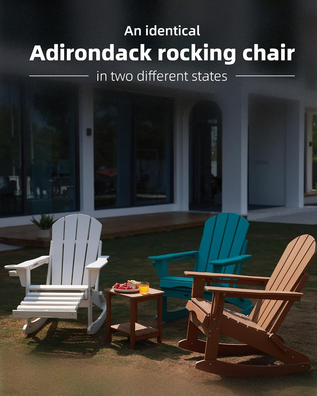 Folding Adirondack Rocking Chair Set of 2,4-in-1 Multifunctional Patio Chairs with Retractable Ottoman, Outdoor Chairs Wood Texture, Lawn Chair for Porch, Backyard, Pool(Pacific Blue)