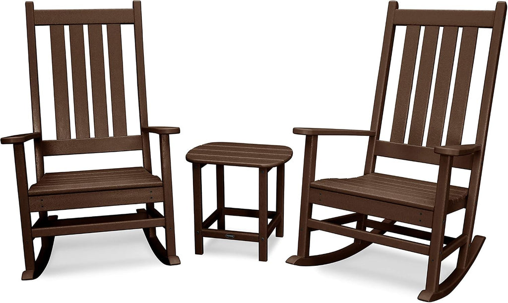 POLYWOOD Vineyard 3-Piece Rocking Chair Patio Set, Wide Outdoor Composite Rocking Chairs with Side Table, Mahogany Porch Rockers