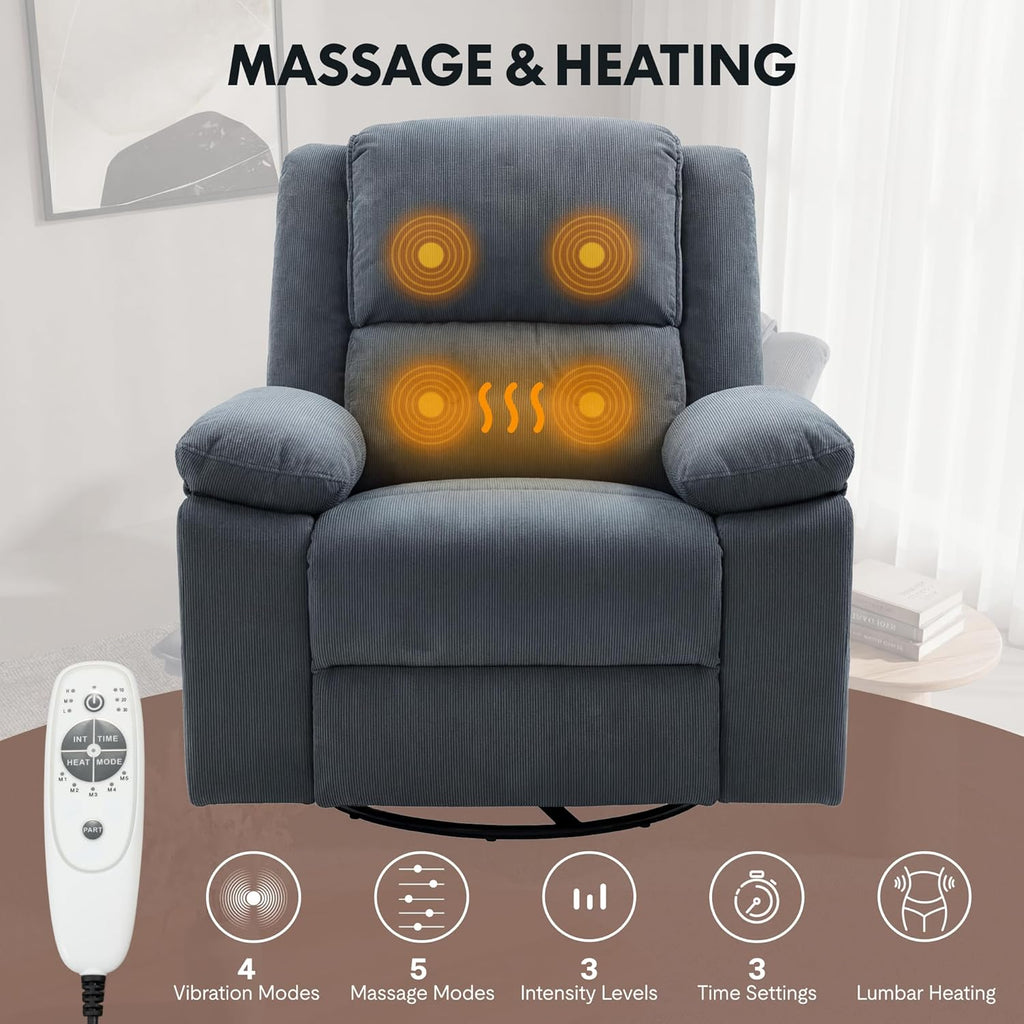 FLEXISPOT XRC2 360° Swivel Rocker Recliner for Adults, Rocking Glider Chair with Massage and Heat, Small Swivel Recliner for Living Room Bedroom Nursery, Blue Grey