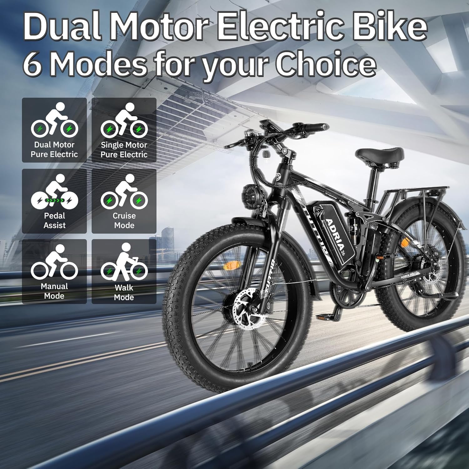 TUTTIO Adria26 5000W/6000W Dual Motor Ebike, 40-46MPH Electric Bike for Adults, 26' x 4' Fat Tire Electric Mountain Bike, 52V 25AH E-Bike Full Suspension Electric Dirt Bike for Off-Road Hunting