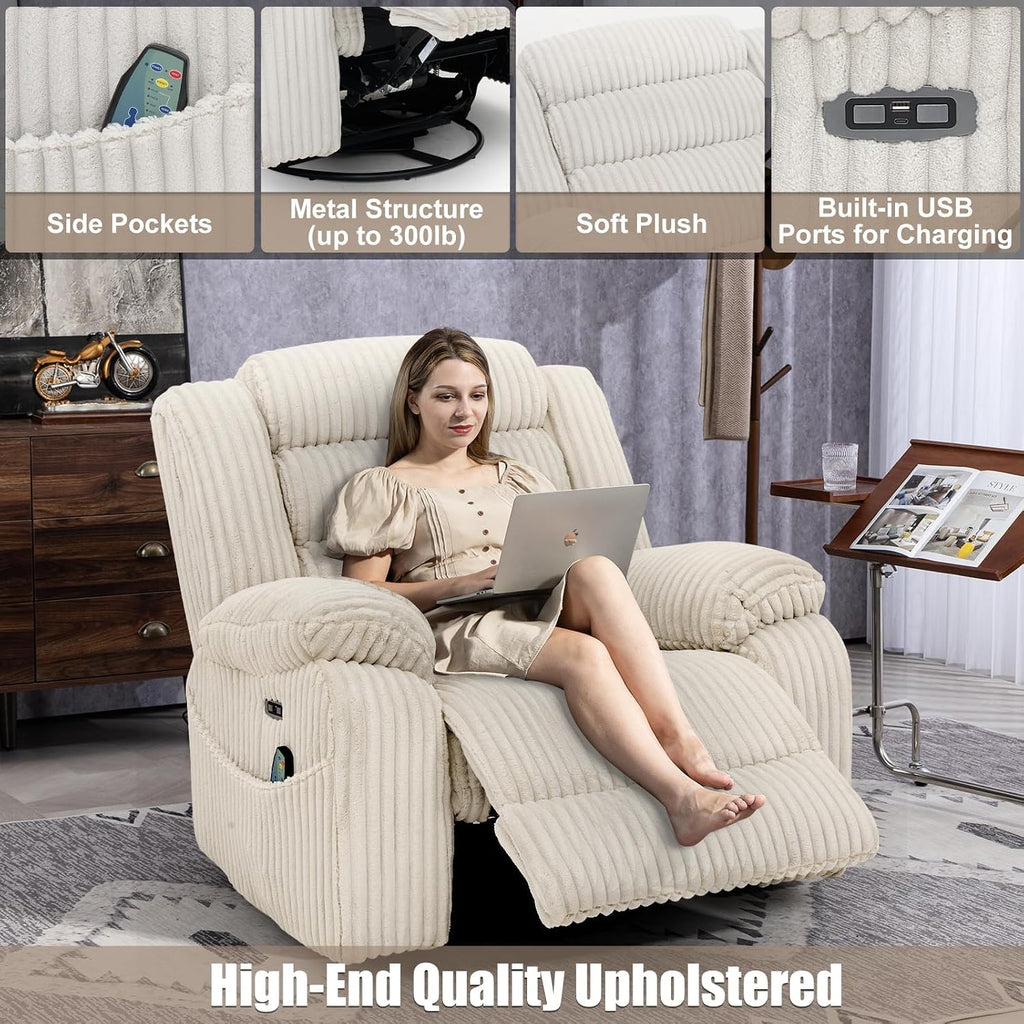 SINCRUMI Power Swivel Rocker Recliner Chair for Adults with Massage and Heat, USB and Type-C Charging Port, Infinite Position, Electric Glider Rocking Chairs for Living Room, Nursery, Pale Grey