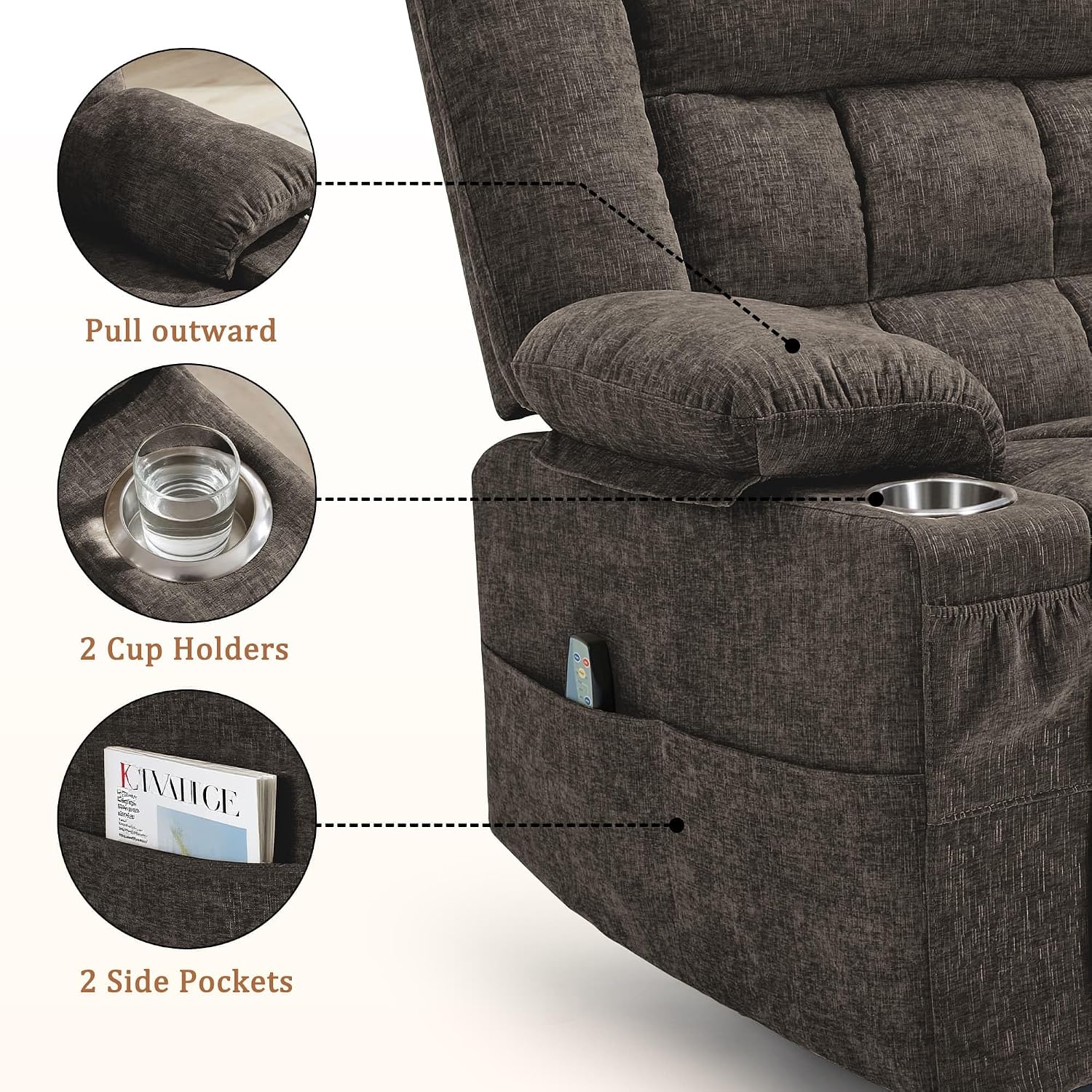 Korser 360° Swivel Rocker Recliner for Adults, Nursery Glider Recliner with Massage and Heating, Rocking Chair with Cup Holder, Manual Recliner Chair for Living Room, Bedroom (Fabric, Brown)