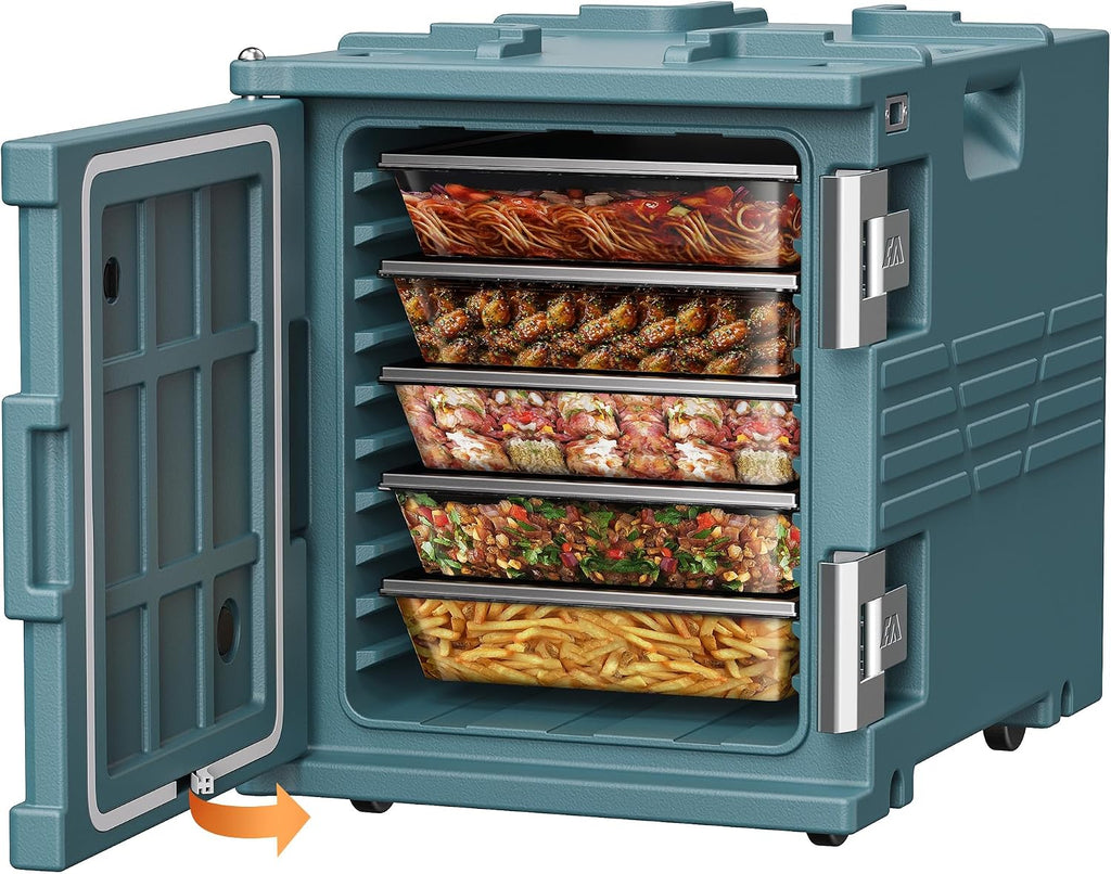 CAMMOO Blue 82QT Non-Electric Hot Box Food Warmer with Wheels, 304 Stainless Steel Latch, Insulated Food Carrier for 5 Full-Size Pans(NOT Included), Food Warmer Box Hot Boxes for Catering
