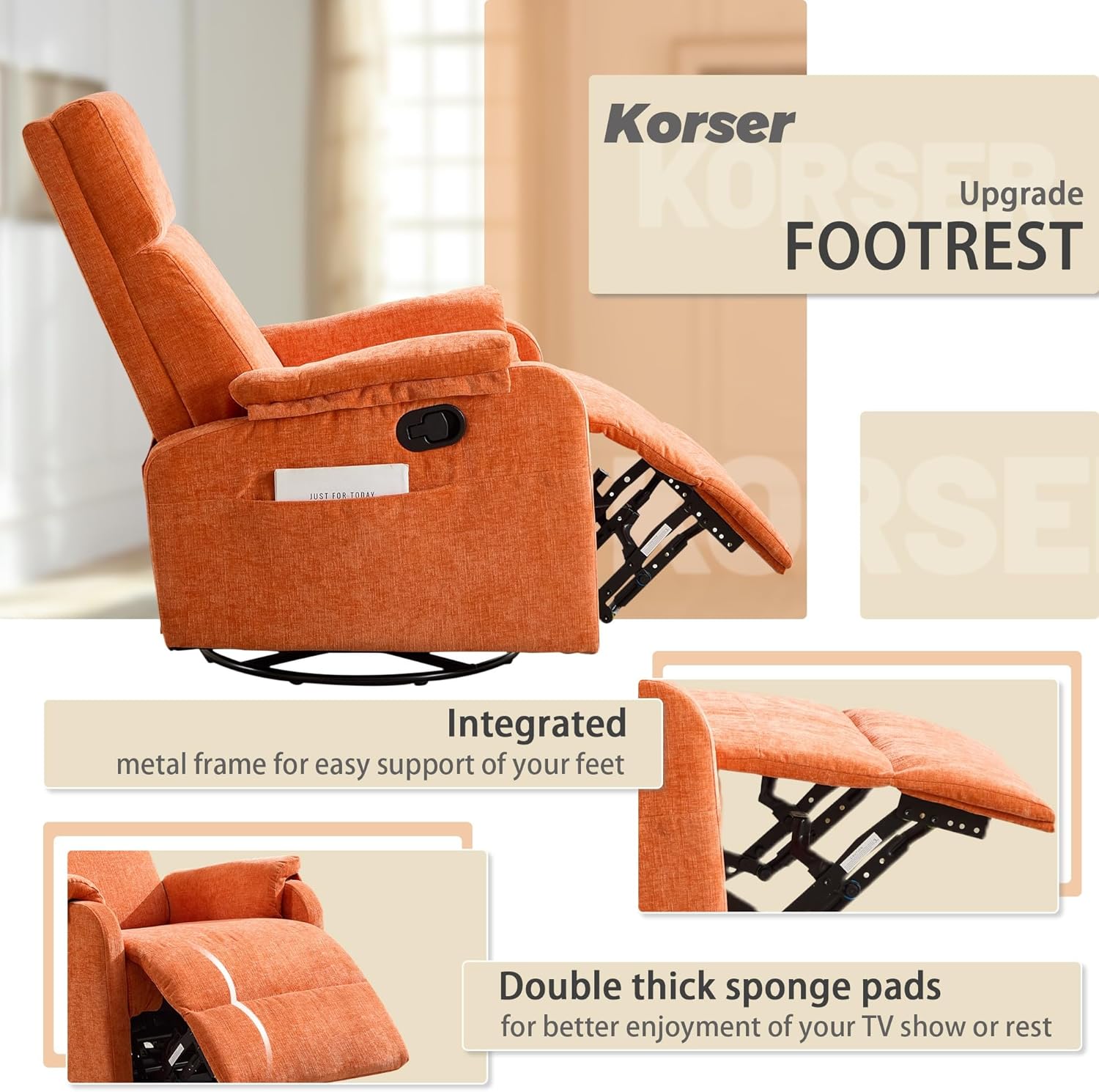Korser Recliner Chair, Swivel Rocking Recliner Chair for Adults, Glider Rocking Chair, Small Nursery Chair Recliner for Living Room, Reclining Chair with Modern-Designed Armrests, Chenille, Orange
