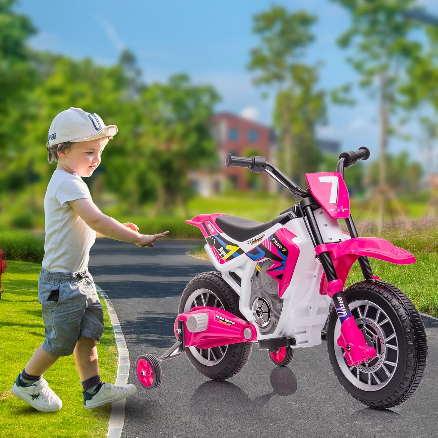 12V Kids Ride on Motorcycle Dirt Bike Toy 4 Wheel Battery Powered Off-Road Motorbike with Training Wheels, 3 mph Top Speed, Music, Charger for Boy Girl Age 3+ (Rose Red)