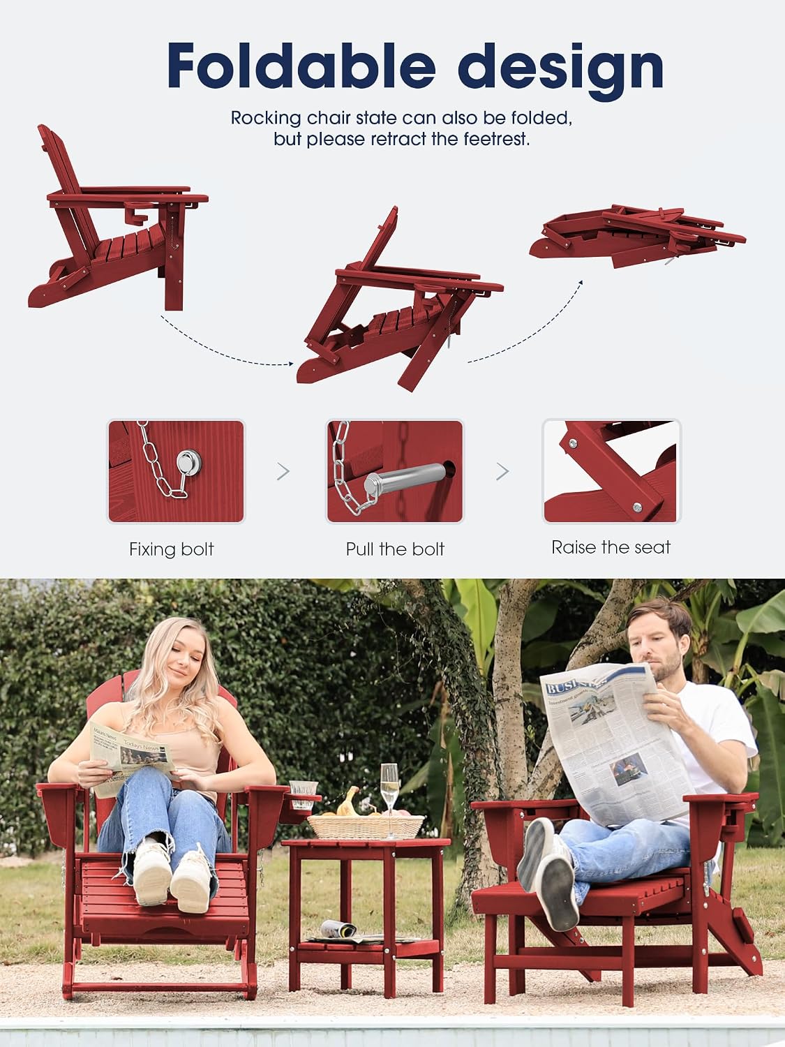 KINGYES Adirondack Rocking Chair Set of 4 with Retractable Ottoman and Cup Holders, HDPE Adirondack Rocker Patio Rocking Chair for Porch, Patio, Balcony, Burgundy Red