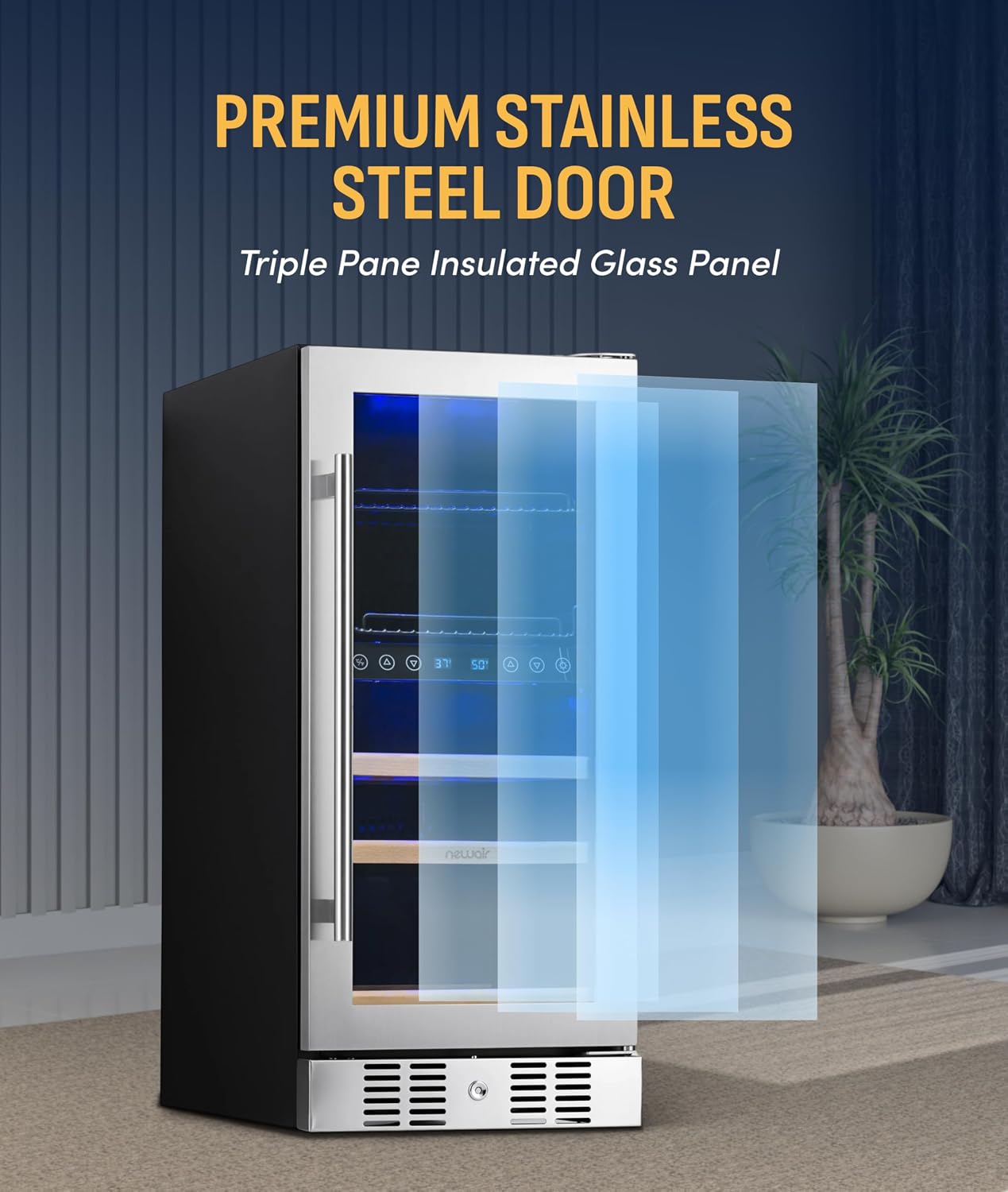 NewAir 15' Dual Zone Beverage Refrigerator & Wine Cooler for 9 Bottles & 48 Cans | Freestanding or Built-In Under Counter Mini Fridge for Beer, Wine and Soda | Stainless Steel
