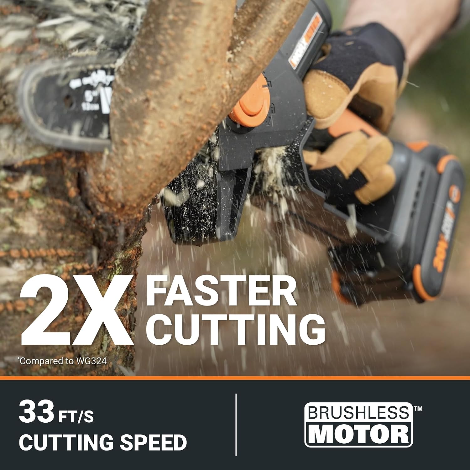 Worx Nitro 20V 5' Cordless Brushless Chainsaw 2.0 Ah Battery and Charger Included WG325