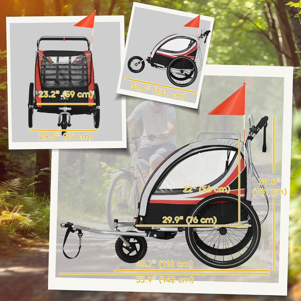 Aosom 3-in-1 Walk/Jog/Ride Child Baby Bike Trailer for Kids 2 Seater, High-Visibility Bike Stroller for Toddler Wagon, Weather-Strong Double Bicycle Trailer Accessory