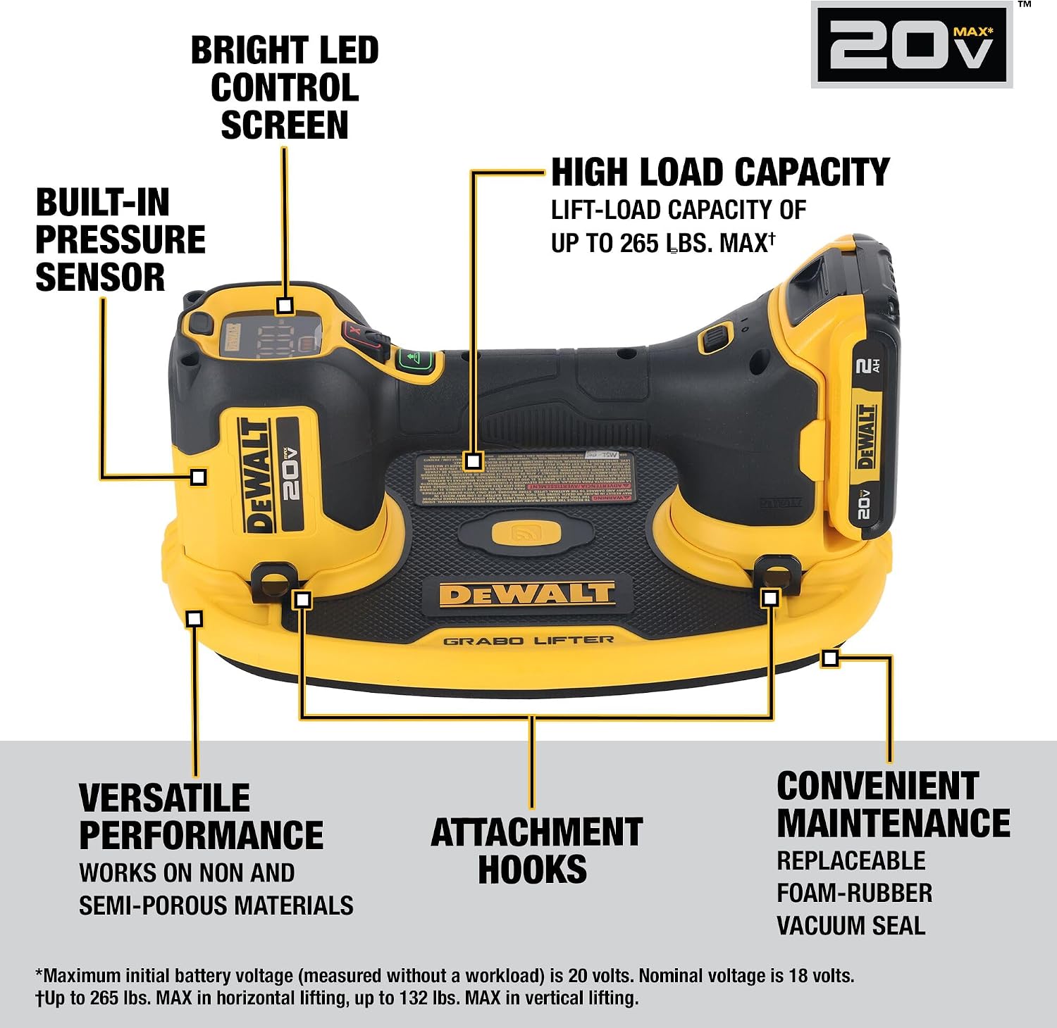 DEWALT 20V MAX Cordless GRABO Suction Lifter Kit with Battery and Charger Included, Lift-load Capacity of Up to 265 lbs. (DCE592D1)