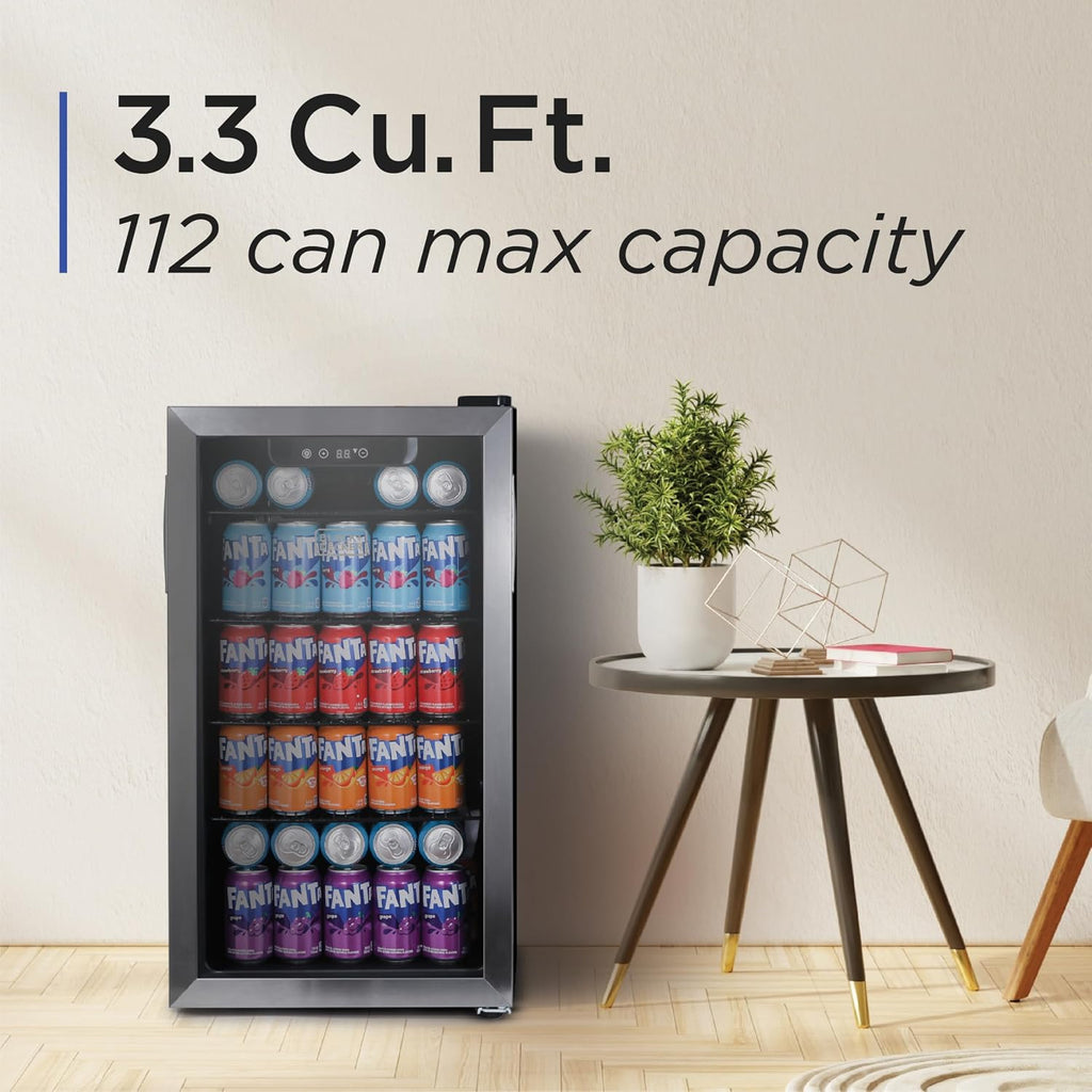 BLACK+DECKER 3.3 Cu. Ft. Beverage Cooler, Beverage Fridge with Double Pane Glass Door, Drink Fridge and Beverage Refrigerator with 112-Can Capacity for Home Bar and Home Office with LED Display