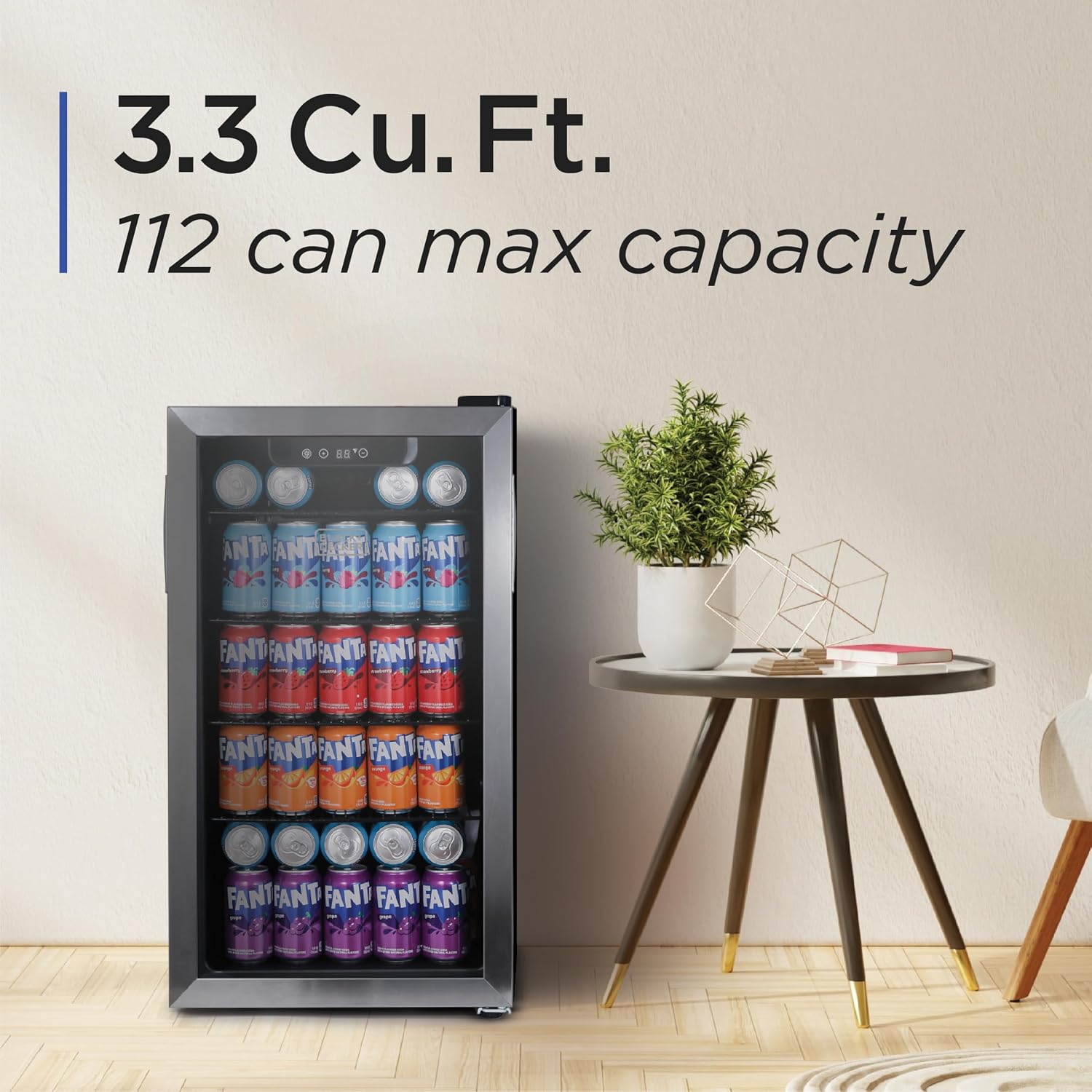 BLACK+DECKER 3.3 Cu. Ft. Beverage Cooler, Beverage Fridge with Double Pane Glass Door, Drink Fridge and Beverage Refrigerator with 112-Can Capacity for Home Bar and Home Office with LED Display