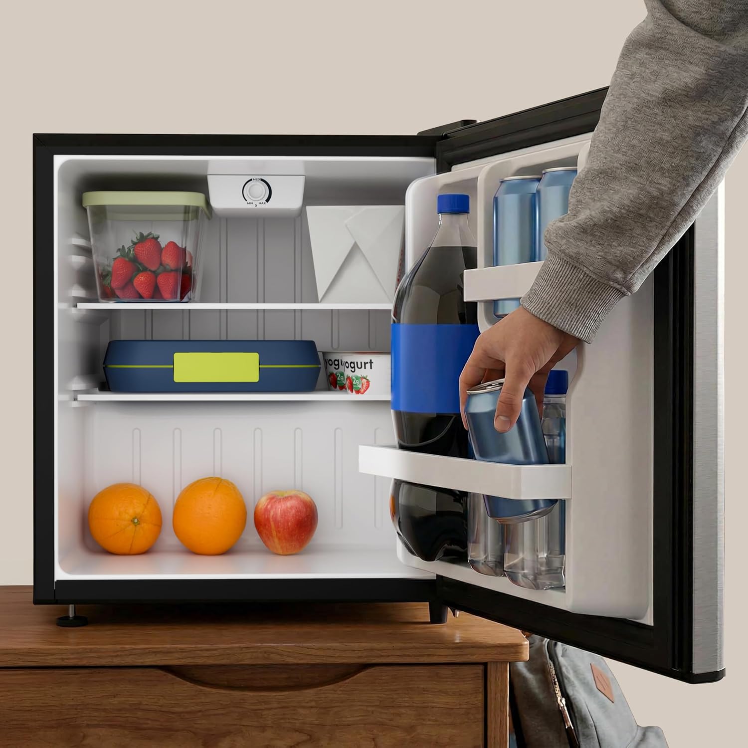 Avanti Mini Fridge 1.6 Cu. Ft. Compact Refrigerator for Dorm, Office & Bedroom, Chiller Compartment, Glass Shelf, Reversible Door with Automatic Defrost, ENERGY STAR, Stainless Steel