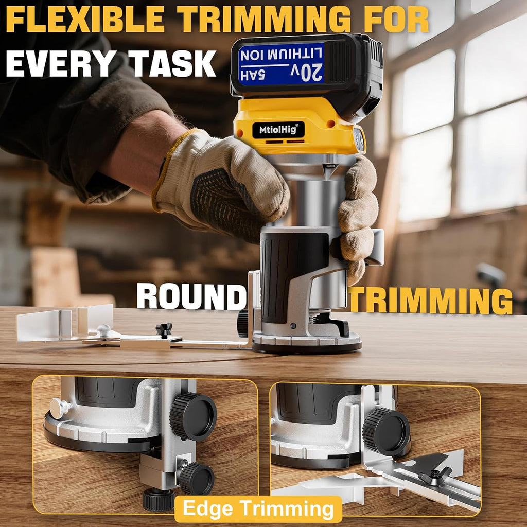 MtiolHig Cordless Compact Router Compatible with Dewalt 20V Battery, With 1 x 5.0Ah Rechargeable Battery, 6 Pcs Router Bits for Woodworking, Router With Trim Bits, Edge & Roller Guide