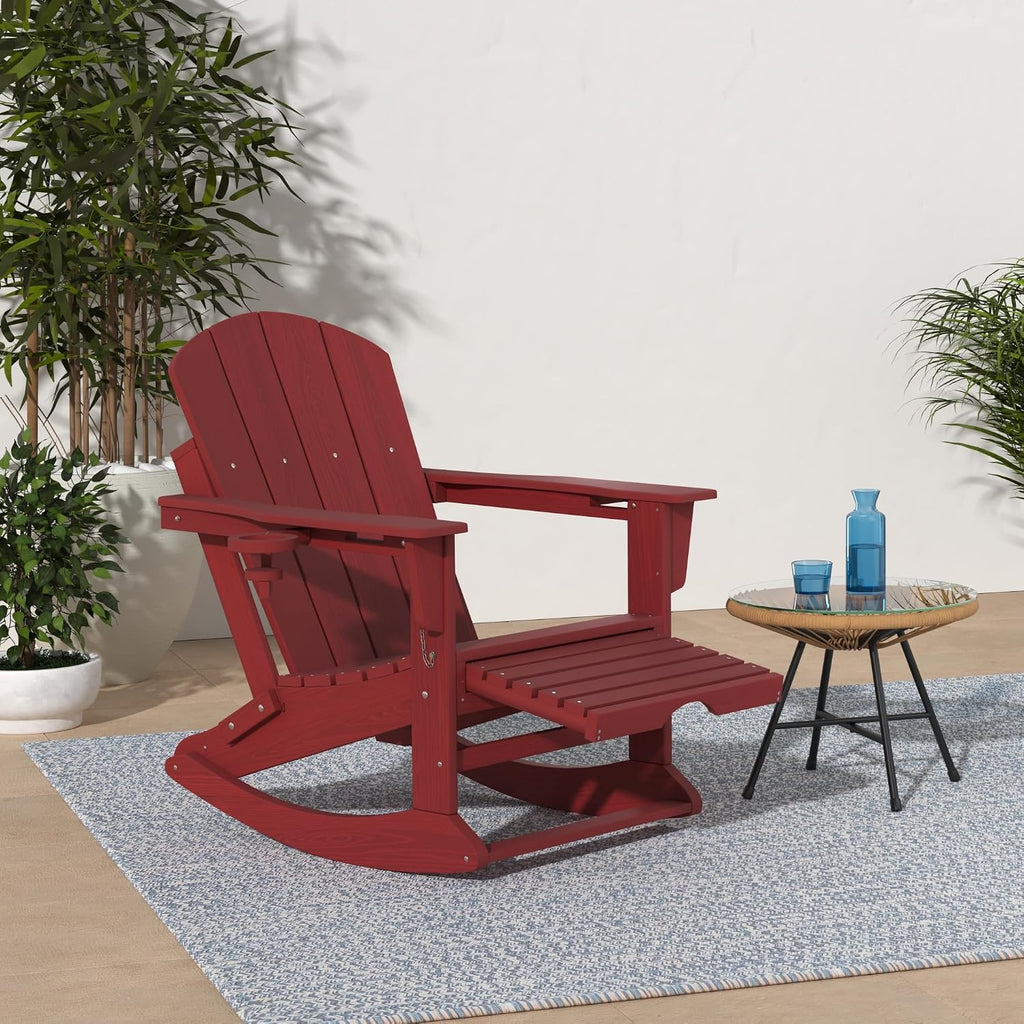 KINGYES Adirondack Rocking Chair Set of 4 with Retractable Ottoman and Cup Holders, HDPE Adirondack Rocker Patio Rocking Chair for Porch, Patio, Balcony, Burgundy Red