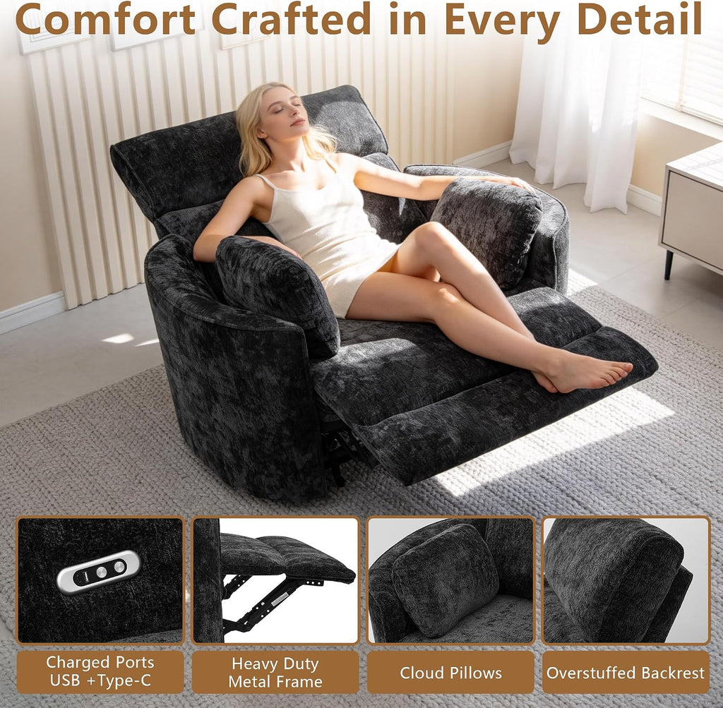 450lbs Oversized Power Recliner Chair for Big and Tall Adults, 52' Extra Wide Electric Recliner with USB & Type-C Ports, Chenille Fabric Single Sofa Chair for Living Room & Bedroom, Black