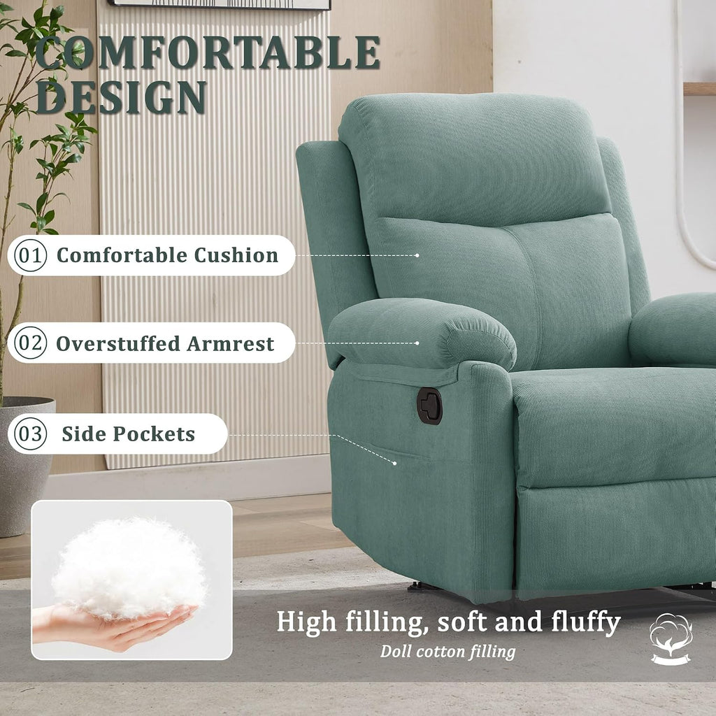 Korser Recliner Chair, Manual Recliner for Adults with Side Pocket, Small Recliners for Small Spaces, Adjustable Comfy Overstuffed Corduroy Reclining Chairs for Living Room, Reading, Bedroom, Teal