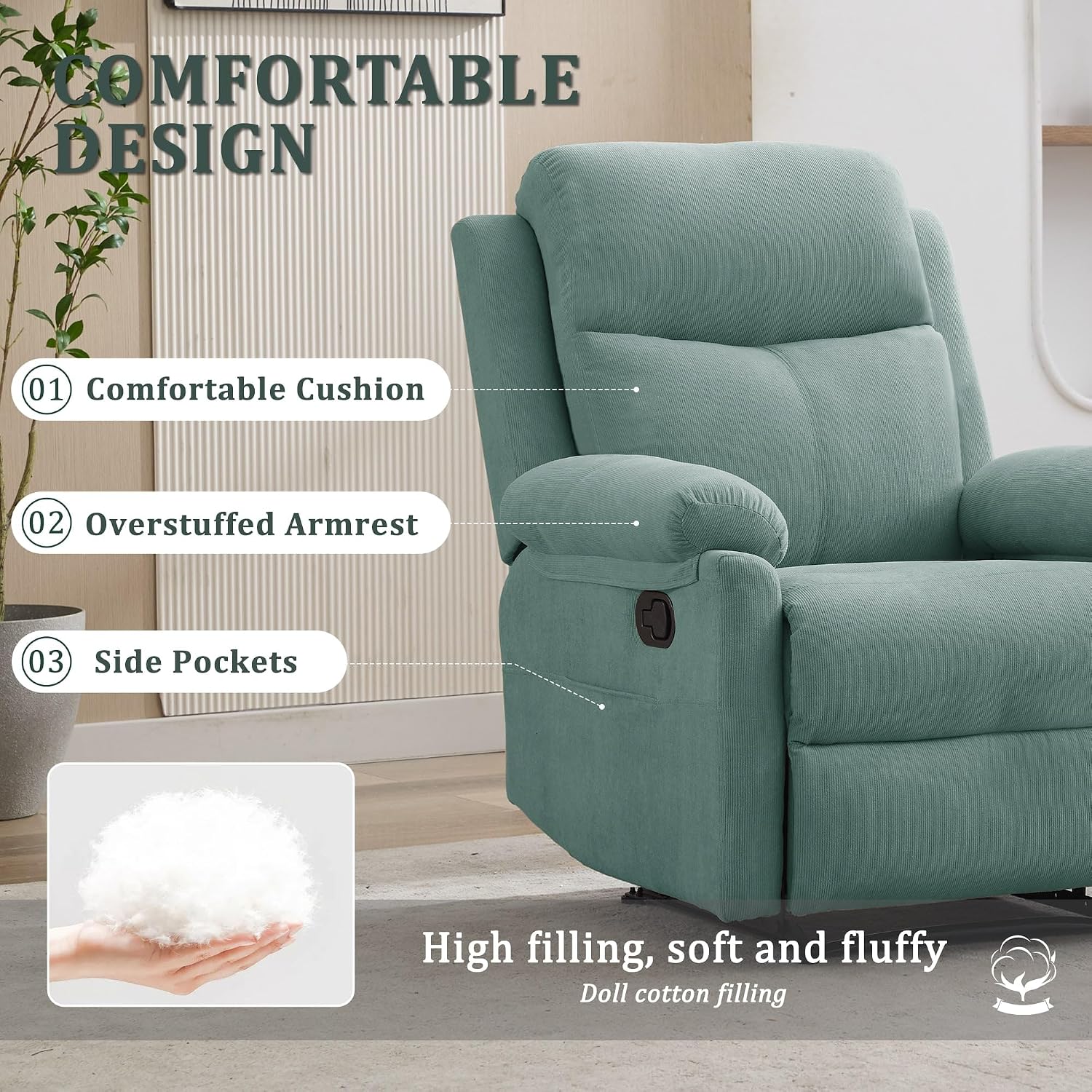 Korser Recliner Chair, Manual Recliner for Adults with Side Pocket, Small Recliners for Small Spaces, Adjustable Comfy Overstuffed Corduroy Reclining Chairs for Living Room, Reading, Bedroom, Teal
