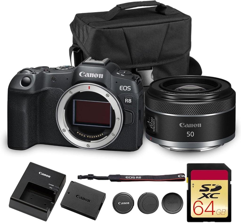 Canon EOS R8 Mirrorless Camera | 24.2MP Full Frame Sensor 4K 60p Video | Compact Lightweight Hybrid Camera for Travel and Content (5803C002) + Canon RF 50mm f/1.8 STM Lens + 64GB Card + Bag