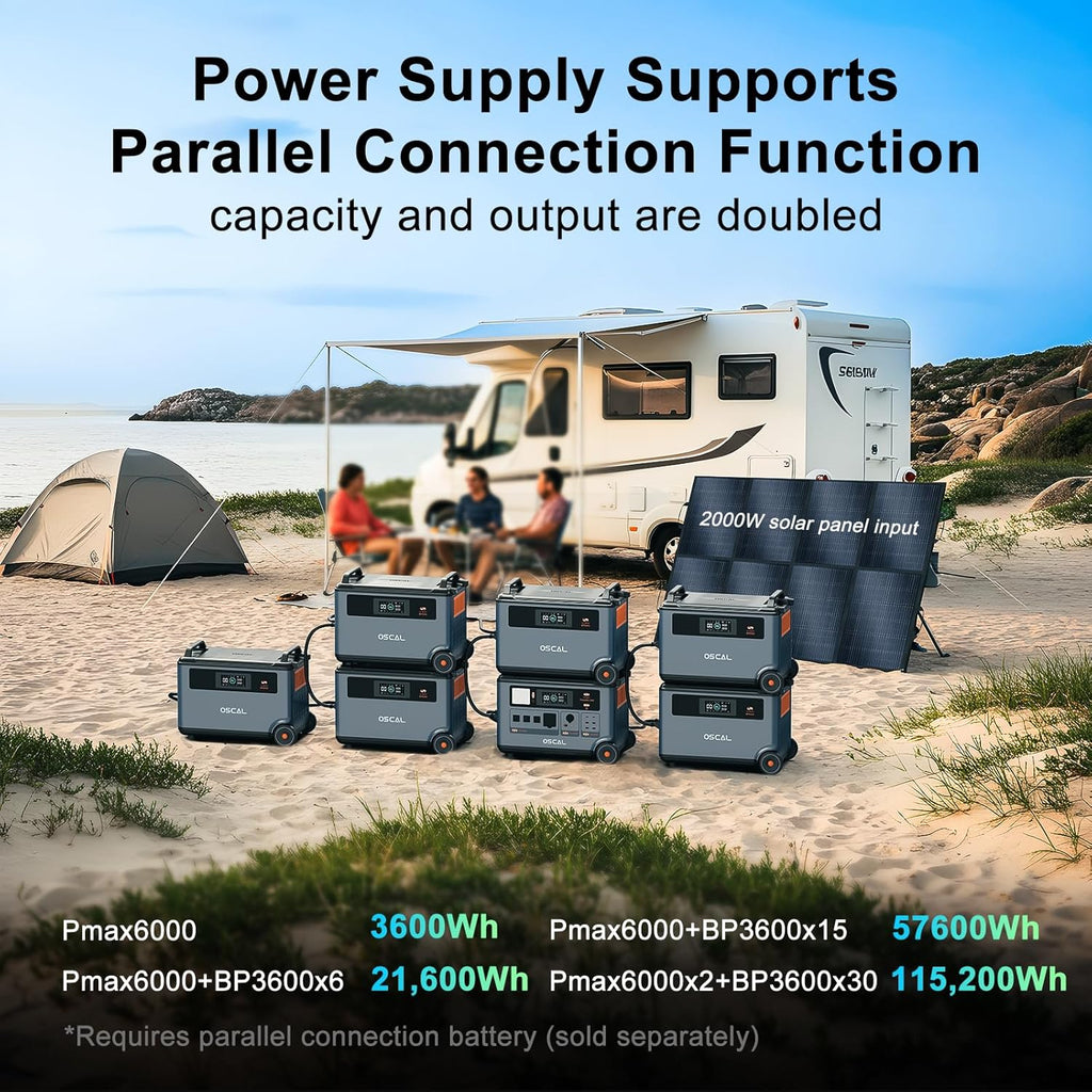 OSCAL PowerMax 6000 Solar Generator with 3×400W Solar Panel, 120V/240V Split Phase Voltage 6000W AC Outlets (9000W Peak), 2200W AC Charging/2400W Solar Charging, Emergency for Home, Battery Backup