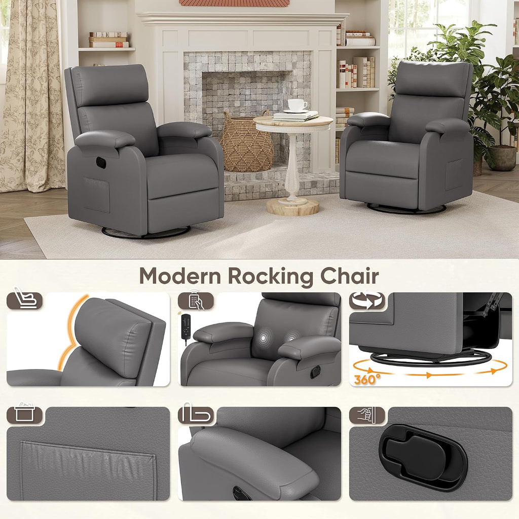 Homall Recliner Chair, 360 Swivel Rocking Chair for Adults, Massage Nursery Chair with Adjustable Backrest and Footrest, PU Leather Glider Rocker Recliners with Side Pocket for Living Room (Grey)