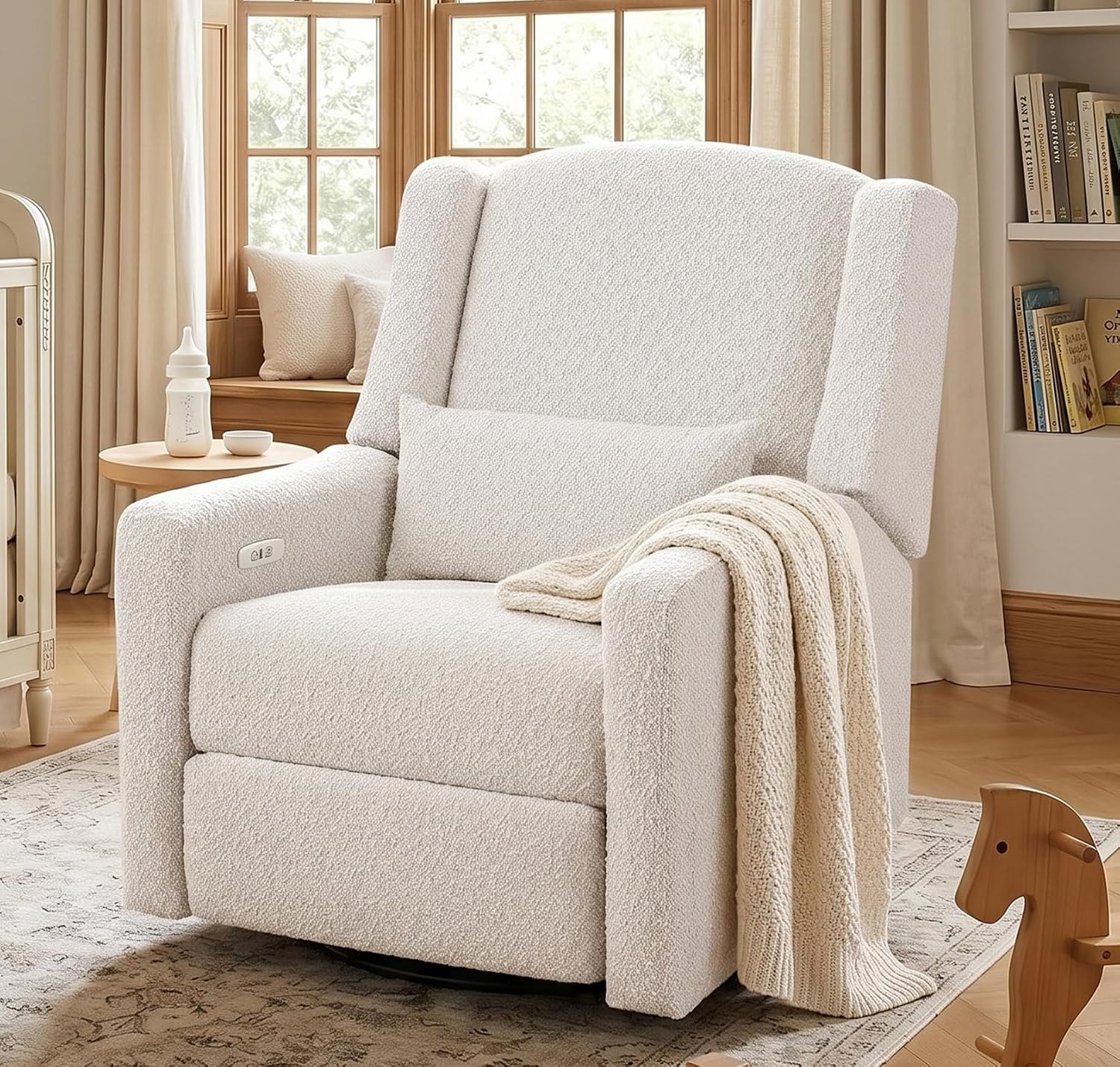 Power Recliner Chair Swivel Gilder Rocking Chairs Skin-Friendly Power Recliner Nursery Chair for Adults with Waist Pillow, USB Charging (Beige, Only Recliner Chair)