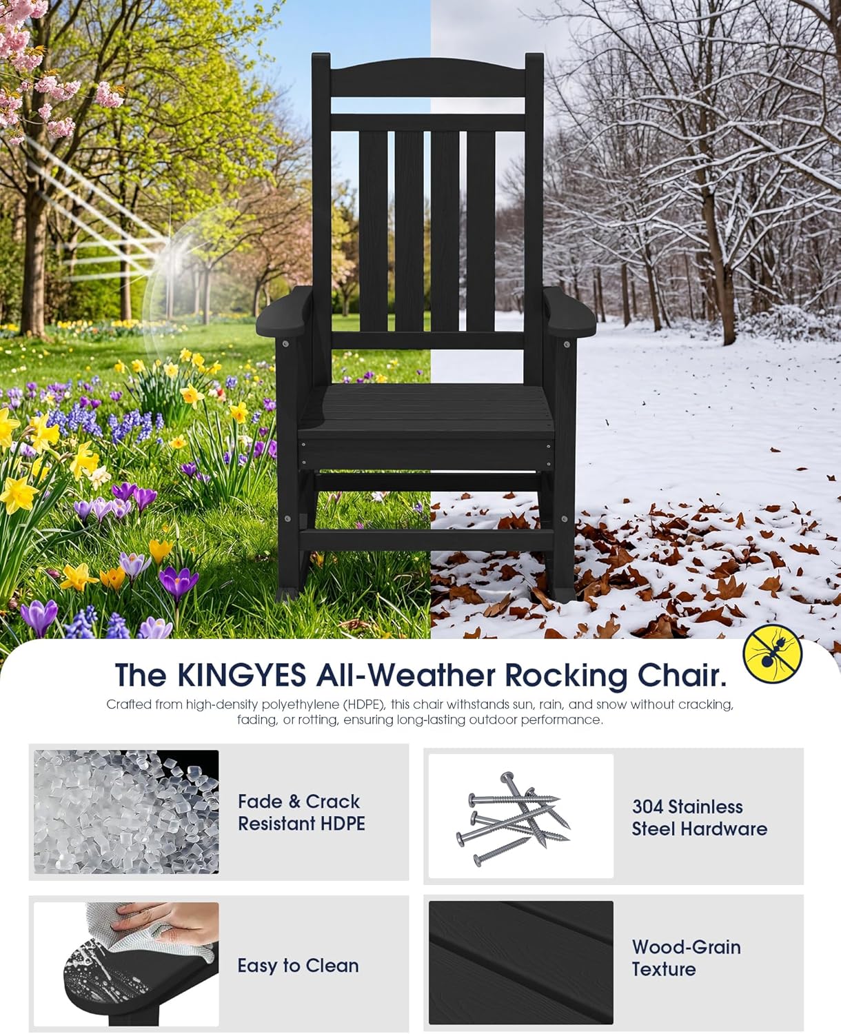KINGYES Oversized Outdoor Rocking Chairs, HDPE All-Weather Patio Rocking Chairs High Back Porch Rocker for Adult, Black