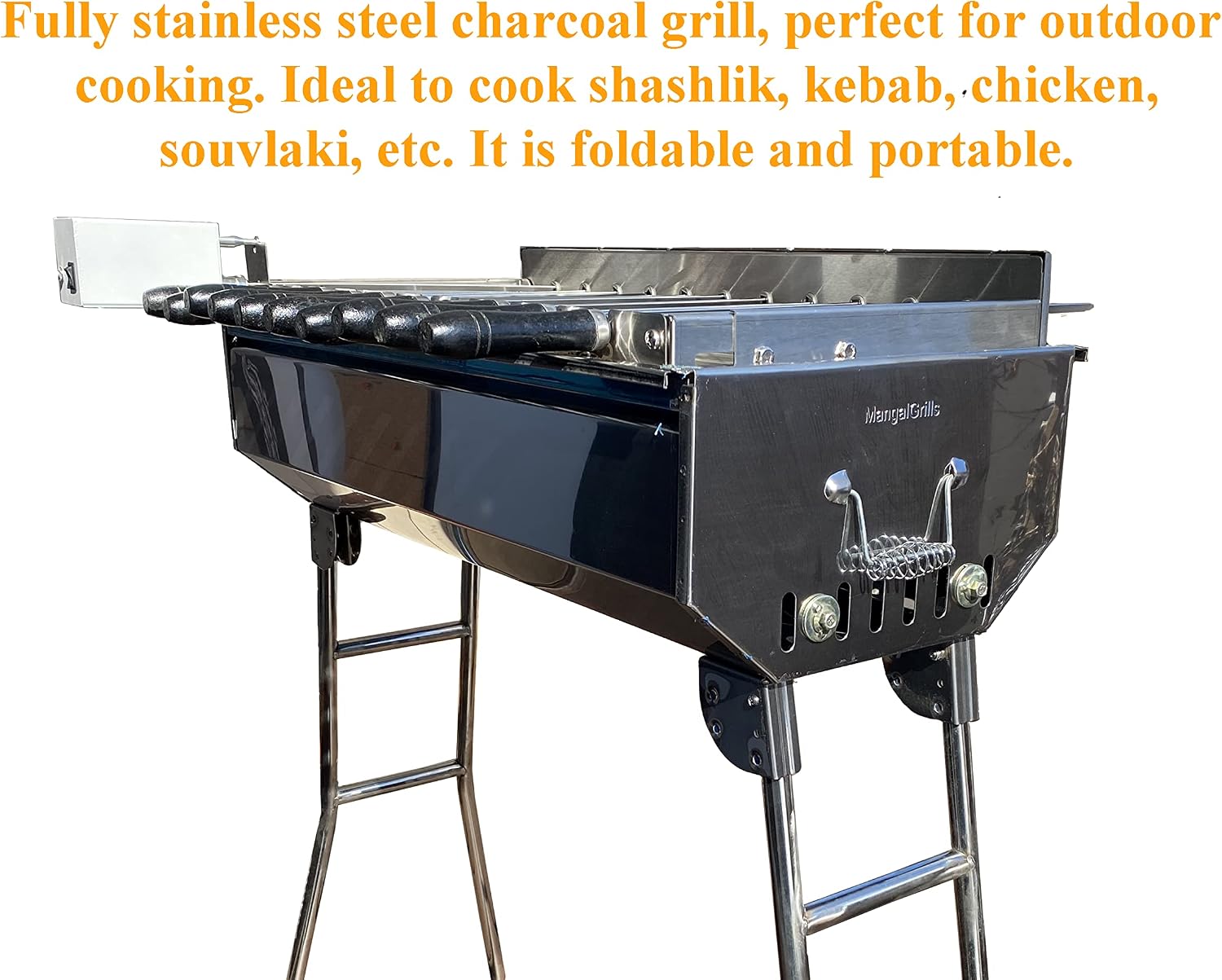 MangalGrills Portable Charcoal Stainless Steel Grill with Electric Motor Skewers Kit for Kebab Shashlik BBQ