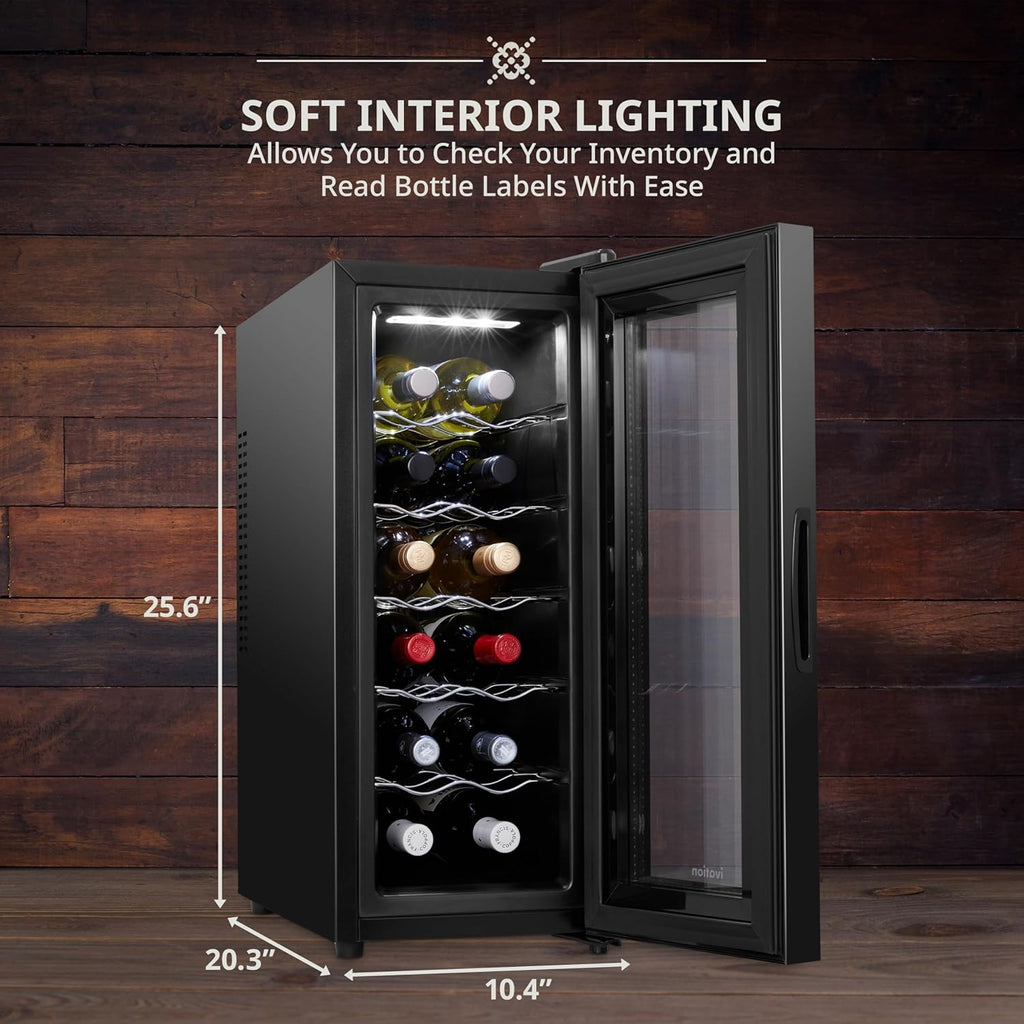 Ivation 12 Bottle Red And White Wine Thermoelectric Wine Cooler/Chiller Counter Top Wine Cellar with Digital Temperature Display, Freestanding Refrigerator Smoked Glass Door Quiet Operation Fridge