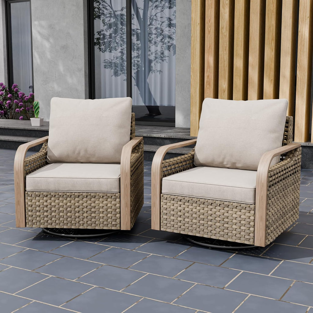 EAGLE PEAK Modern Wicker Outdoor Glider Rocking Chair, Swivel Rocker, Rattan Patio Furniture for Yard Deck Porch Garden, 2 Chairs, Brown/Gray