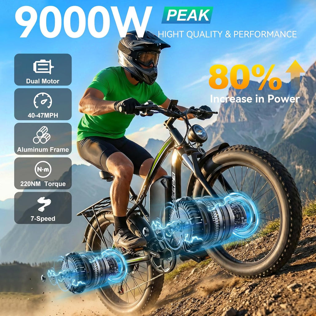 47MPH Ebike for Adults | 9000W Peak Dual Motor Ebike |58V Max-Output 36AH Battery | 24' Fat Tire Bike | 7 Speed LCD Display | Front Suspension | Travel | Off Road
